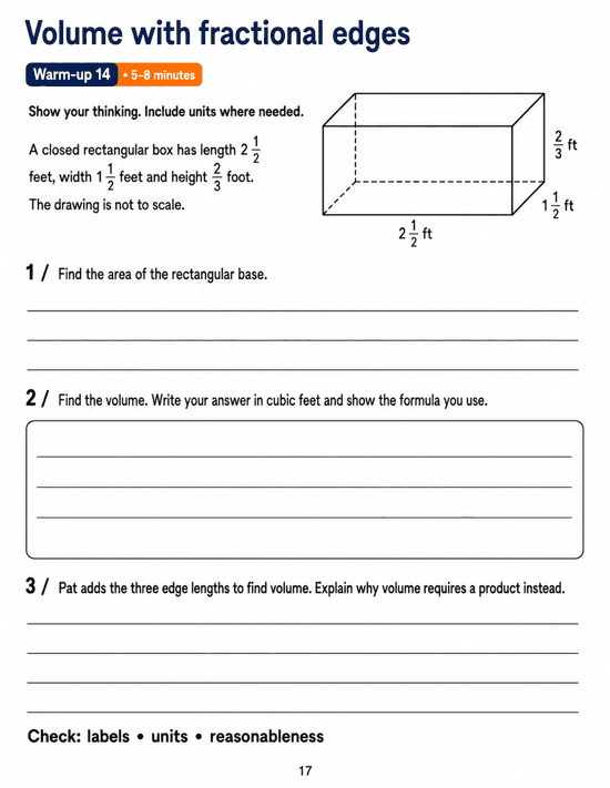Volume with fractional edges: Grade 6 math warm-up. Calculate a fractional prism base area and volume, then explain why adding edge lengths does not measure volume. Includes three numbered tasks and space to explain reasoning.