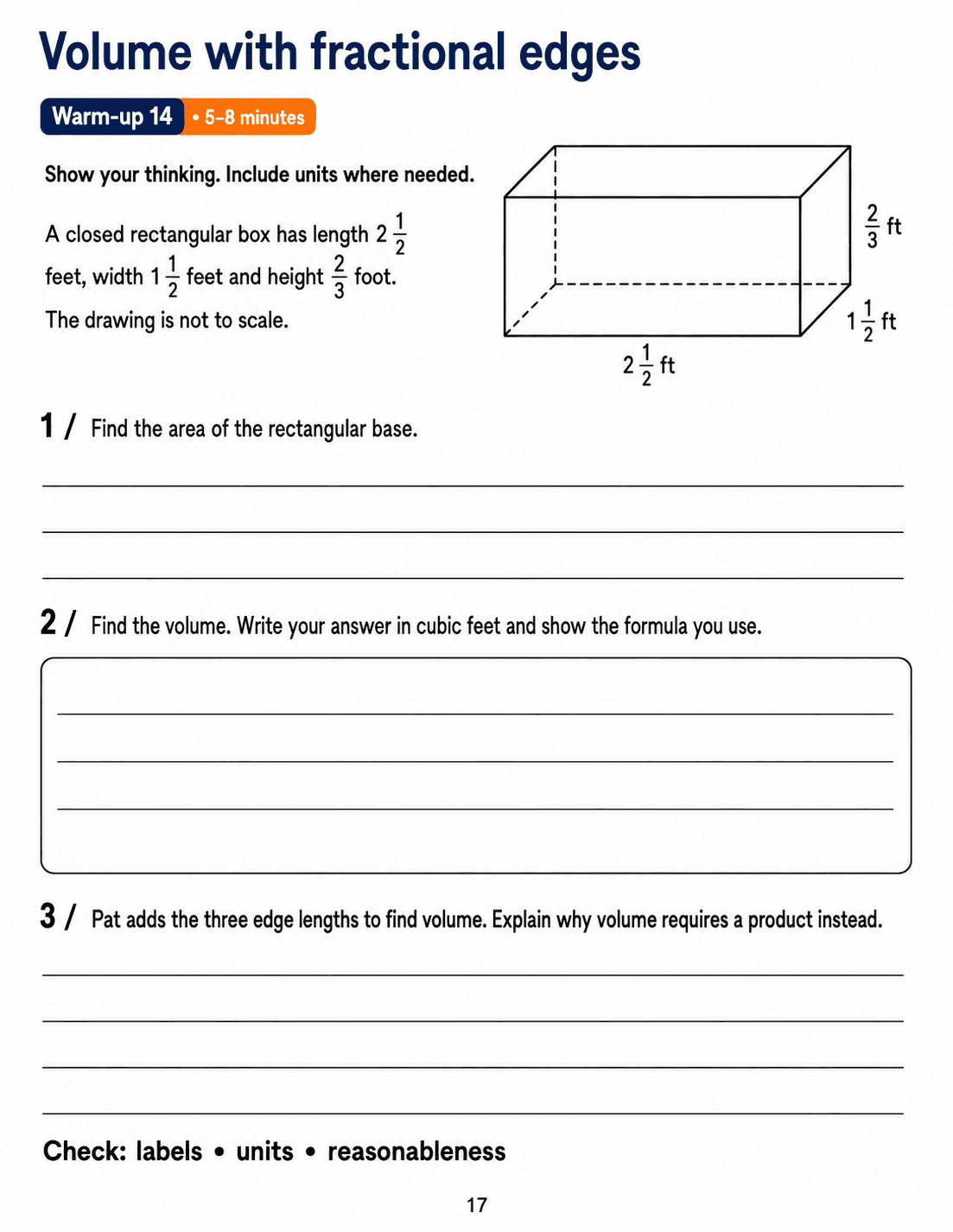 Volume with fractional edges: Grade 6 math warm-up. Calculate a fractional prism base area and volume, then explain why adding edge lengths does not measure volume. Includes three numbered tasks and space to explain reasoning.