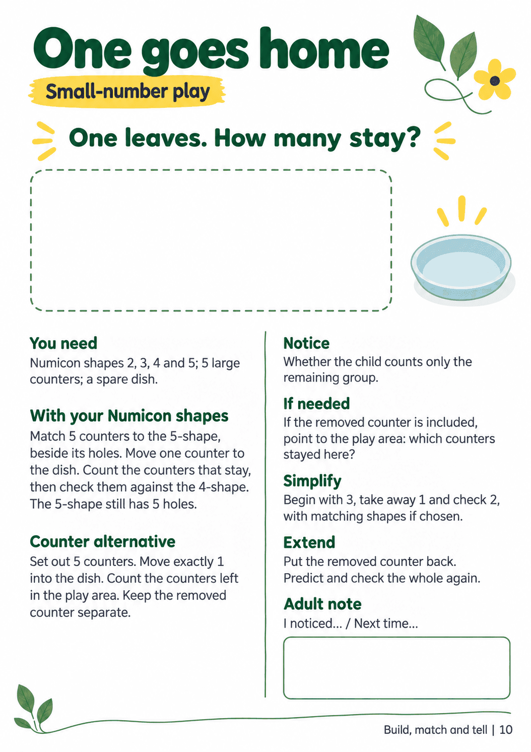 A4 adult guide, “One goes home”, with material lists, Numicon and counter routes, checking prompts and space for a brief adult note.
