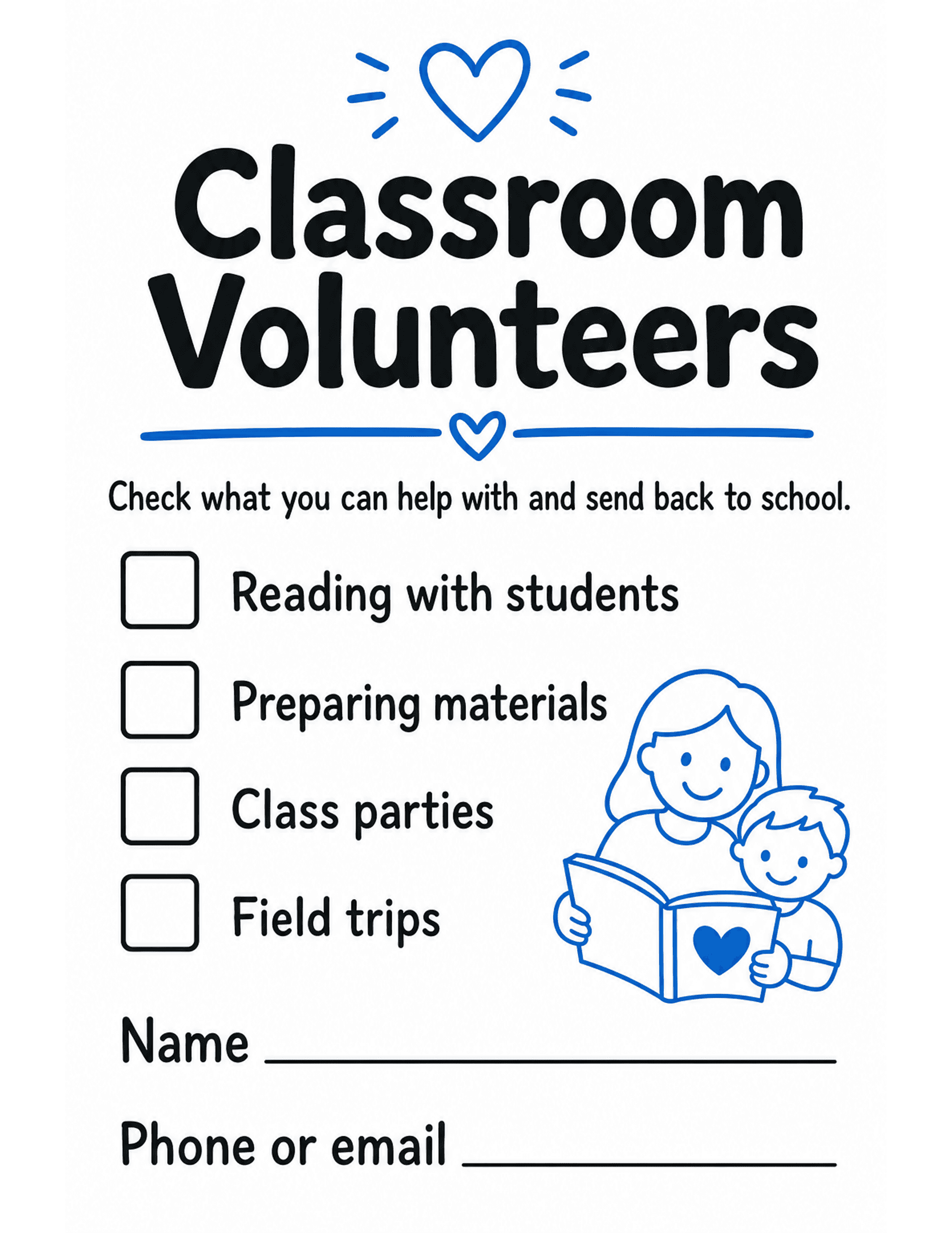 US Letter K-2 printable: Classroom Volunteers. Volunteer interest form with checkbox options and contact lines.