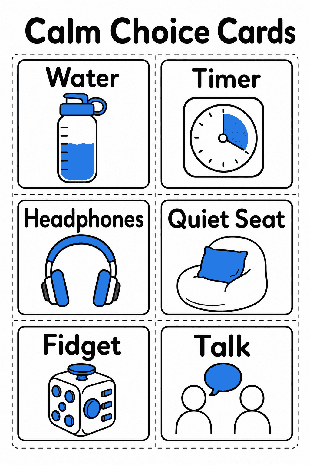 Students choose a calming support using cards for water, timing, headphones, quiet seating, fidgeting, or talking.