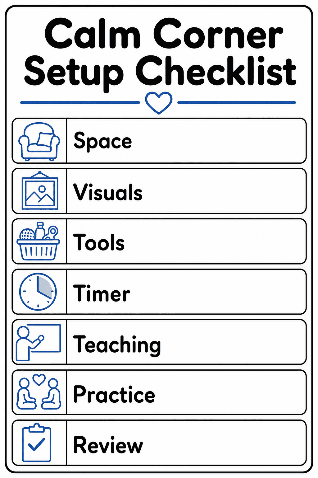 Teachers review the listed elements when preparing a calm corner for classroom use.