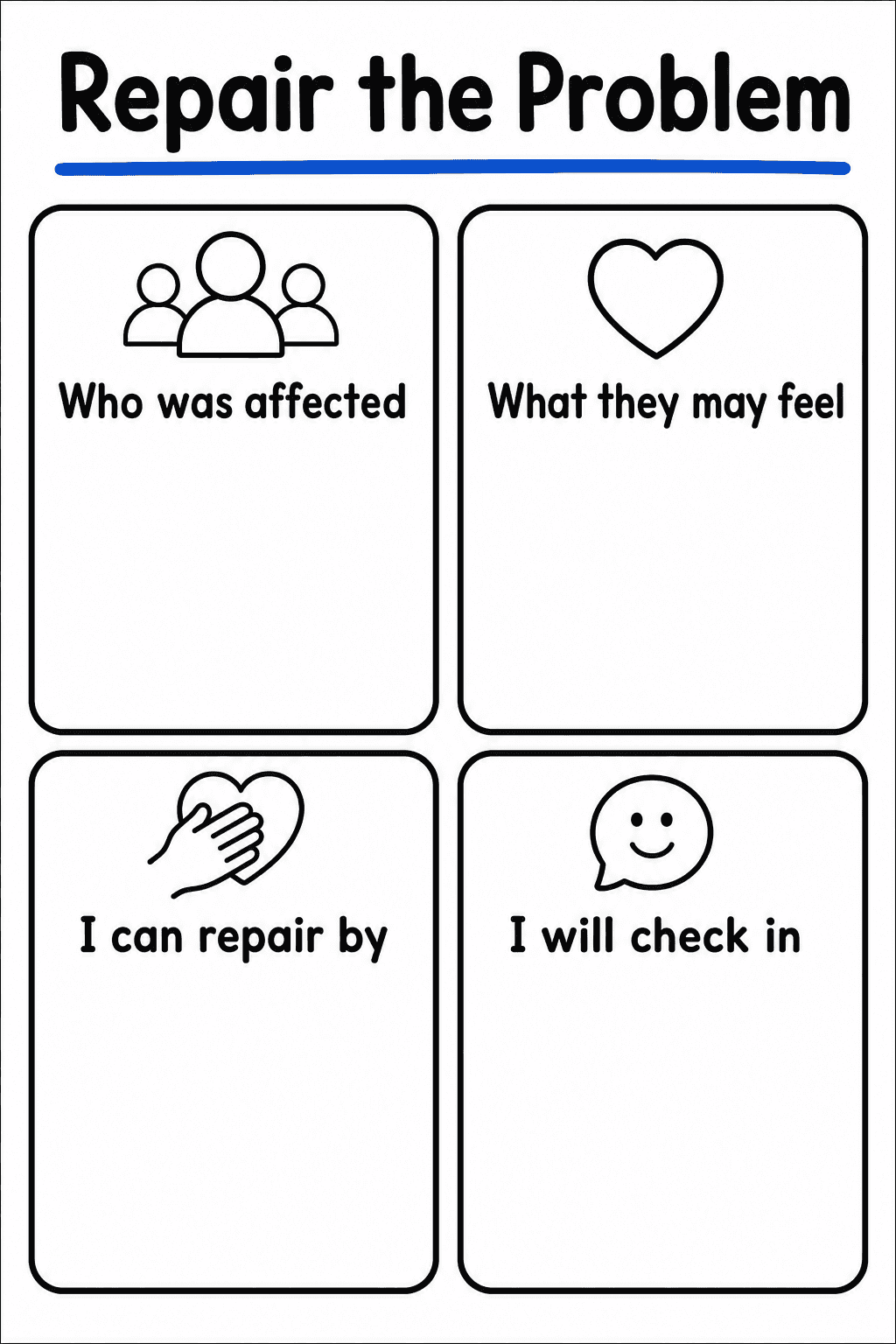 Students reflect on a problem by identifying who was affected, considering feelings, planning repair, and choosing a check-in.