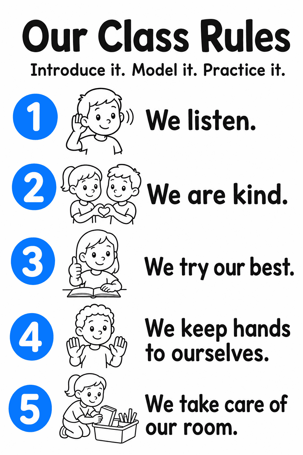 Display and explicitly teach five illustrated classroom expectations for listening, kindness, effort, safe hands, and caring for the room.