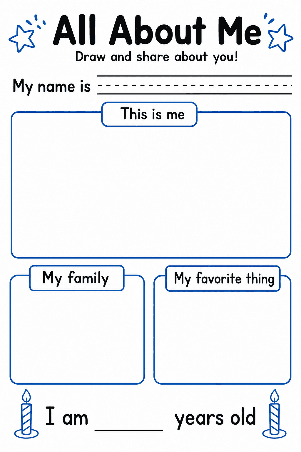 Students draw and write about themselves, their family, a favorite thing, their name, and their age.