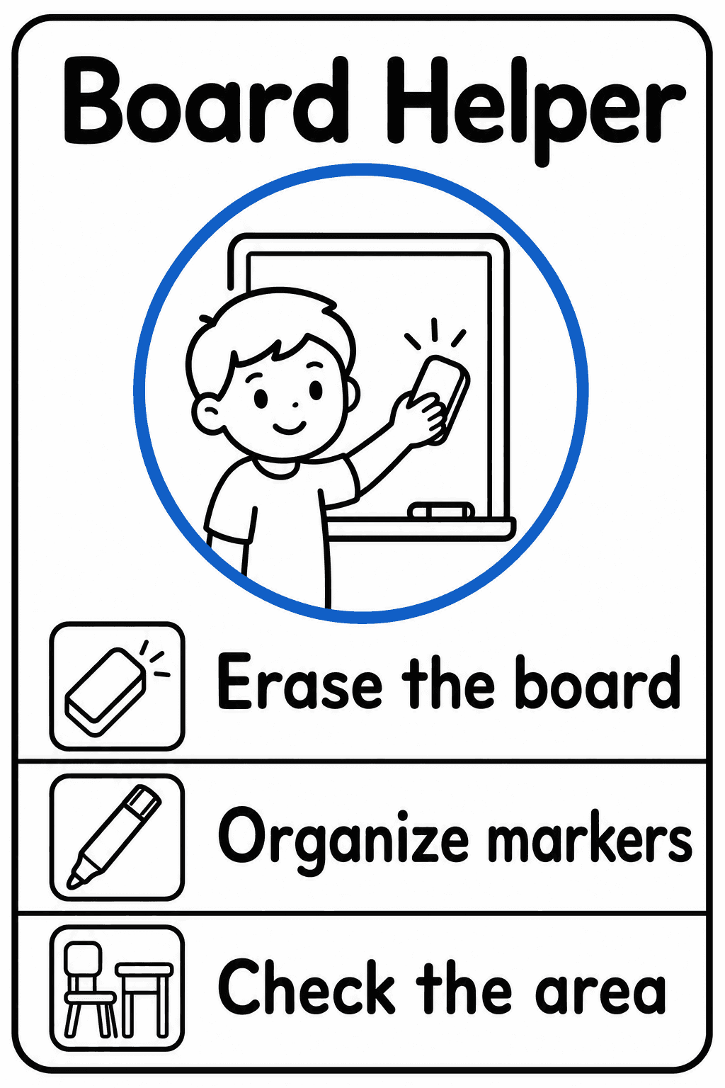 Display this visual classroom-job poster to guide a student through end-of-activity board-cleaning responsibilities.