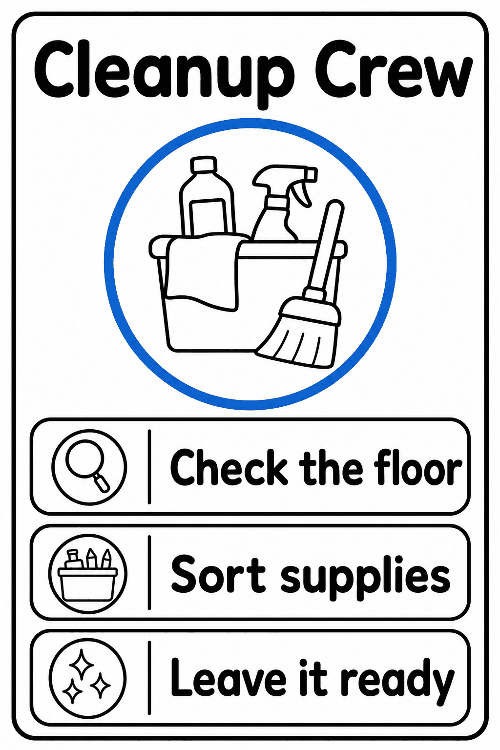 Display this poster to remind students to check the floor, sort supplies, and leave the classroom ready.