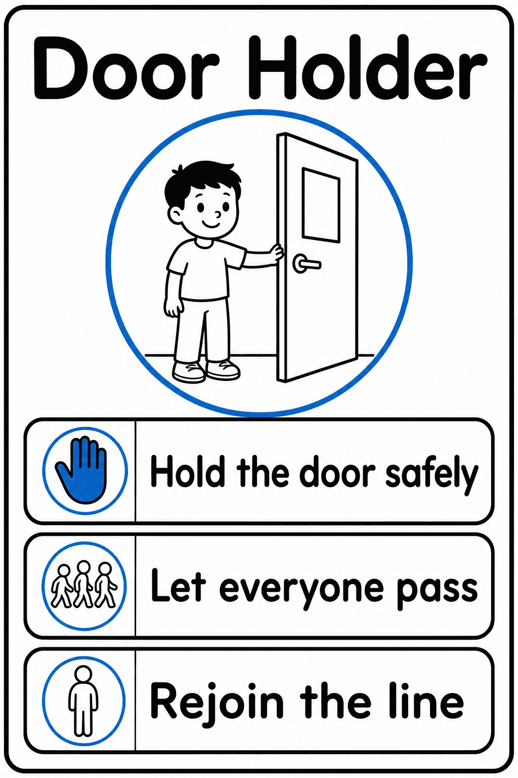 Display this visual reminder to teach students how to hold the door and rejoin the line safely.