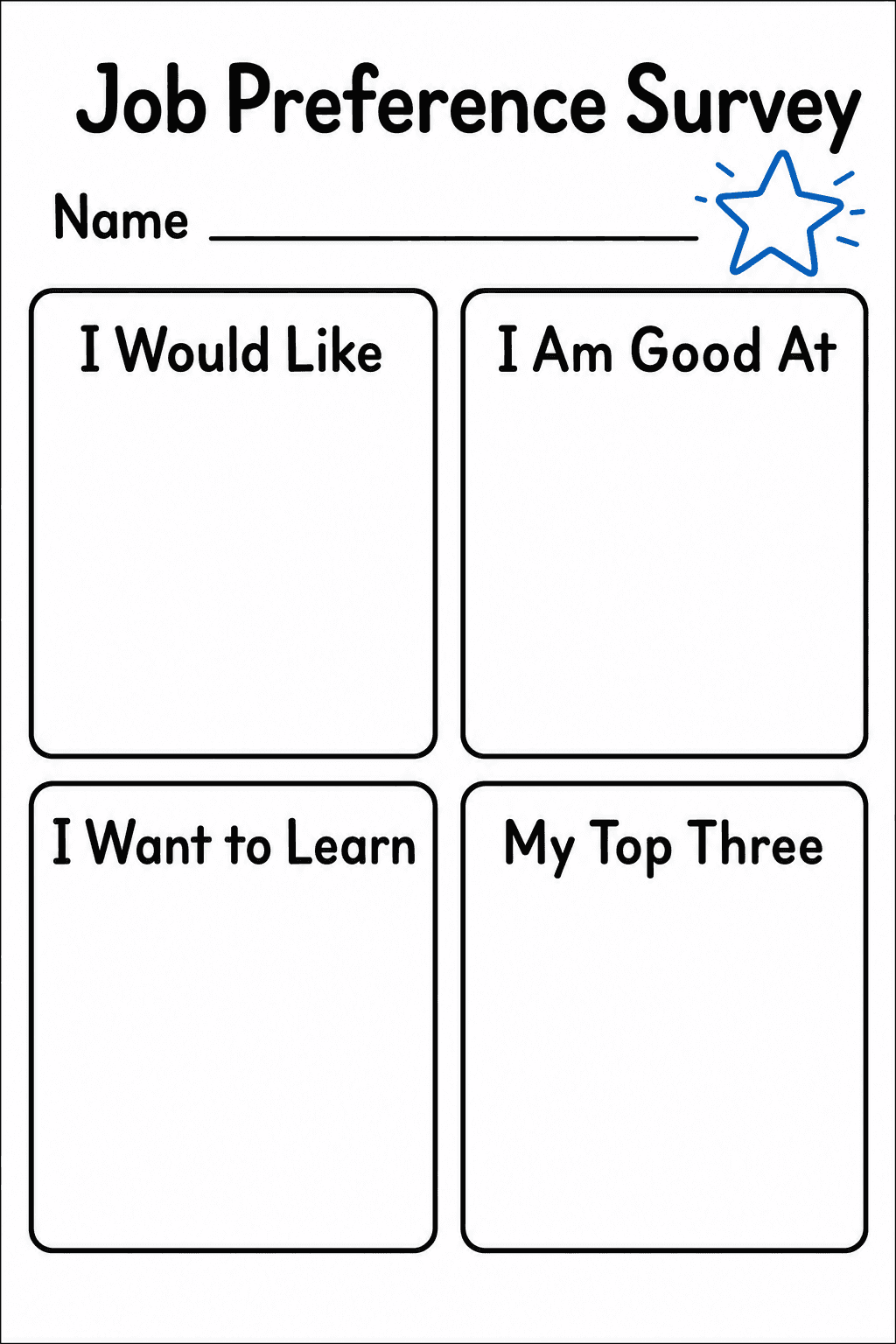 Students record jobs they would like, their strengths, skills they want to learn, and their top three choices.