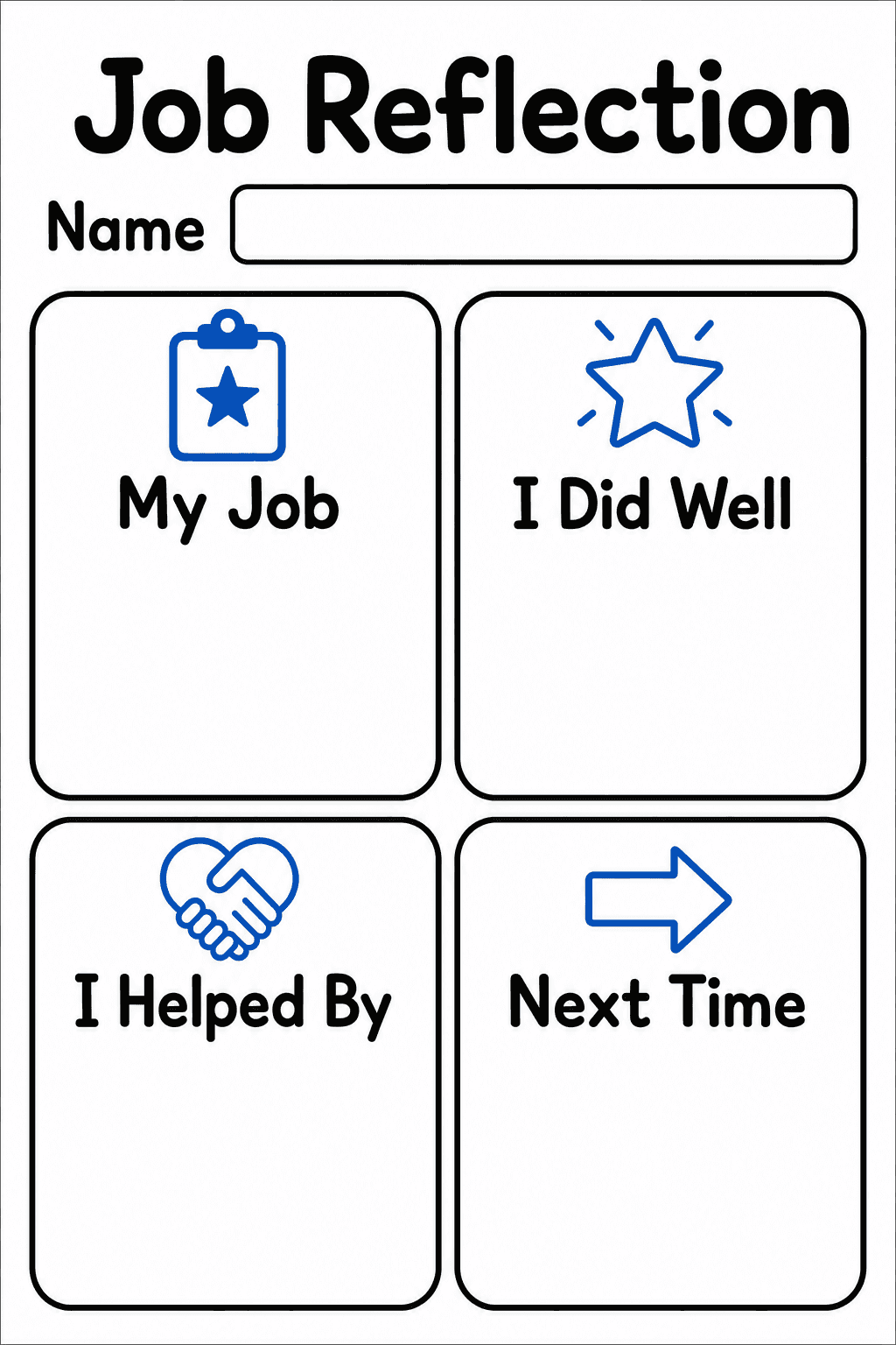 Students reflect on a completed job by recording what they did, what went well, who helped, and what they will do next time.