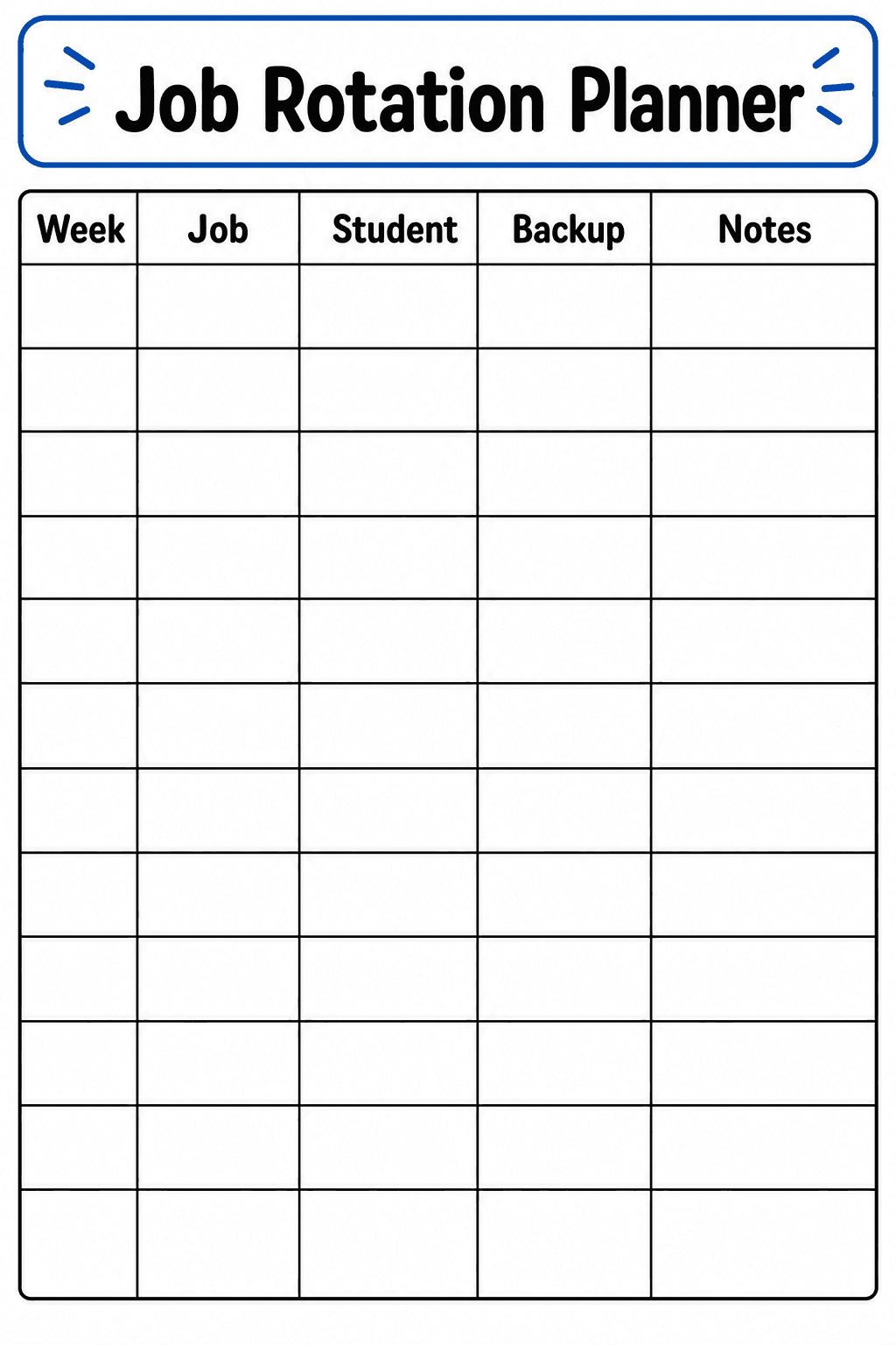 Record weekly classroom jobs, assigned students, backups, and notes in the planner table.