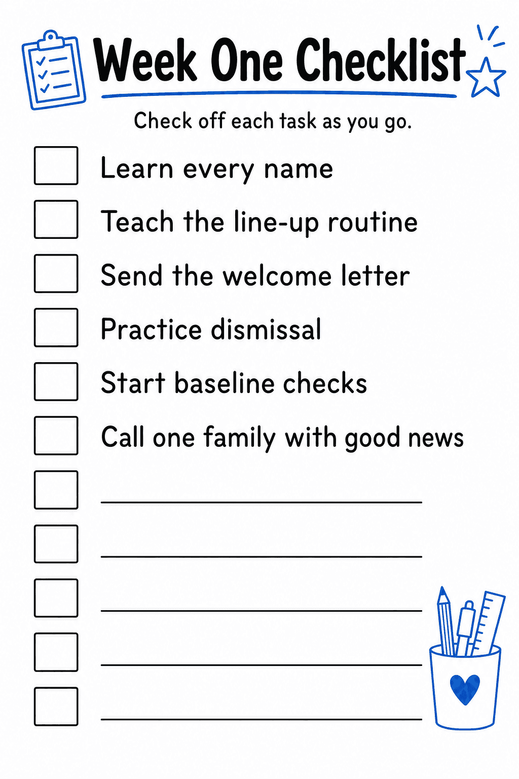 Check off first-week classroom setup tasks and add additional reminders on the blank lines.