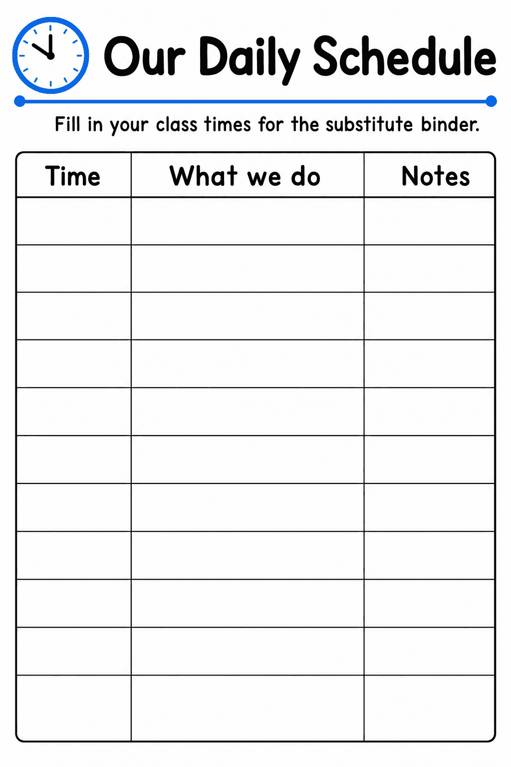 Teachers fill in class times, activities, and notes to create a clear daily schedule for a substitute binder.
