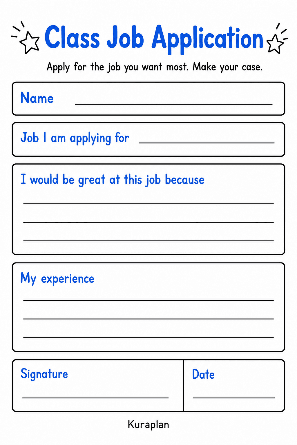 Students apply for a classroom job by naming their preferred role, explaining their strengths, and describing relevant experience.