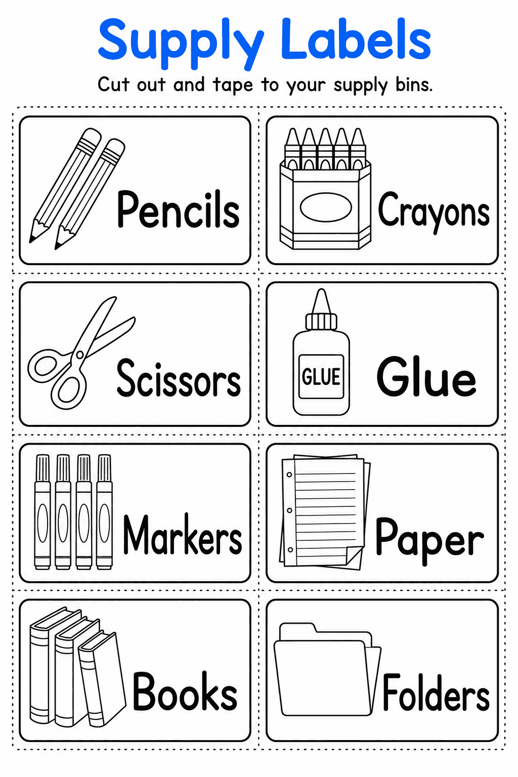 Cut out the illustrated labels and tape them to classroom supply bins.