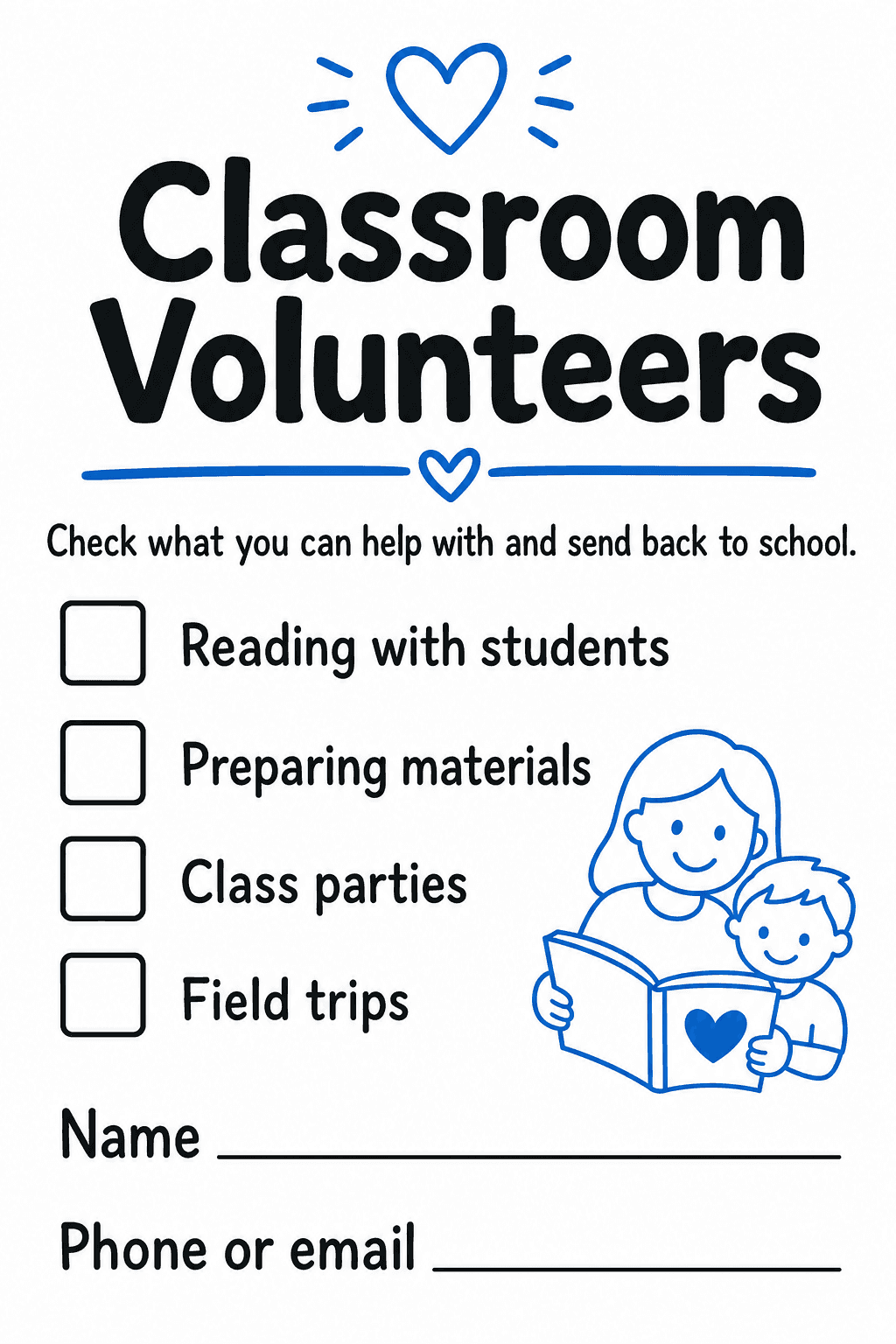 Families check the classroom tasks they can help with and provide their contact details for school follow-up.