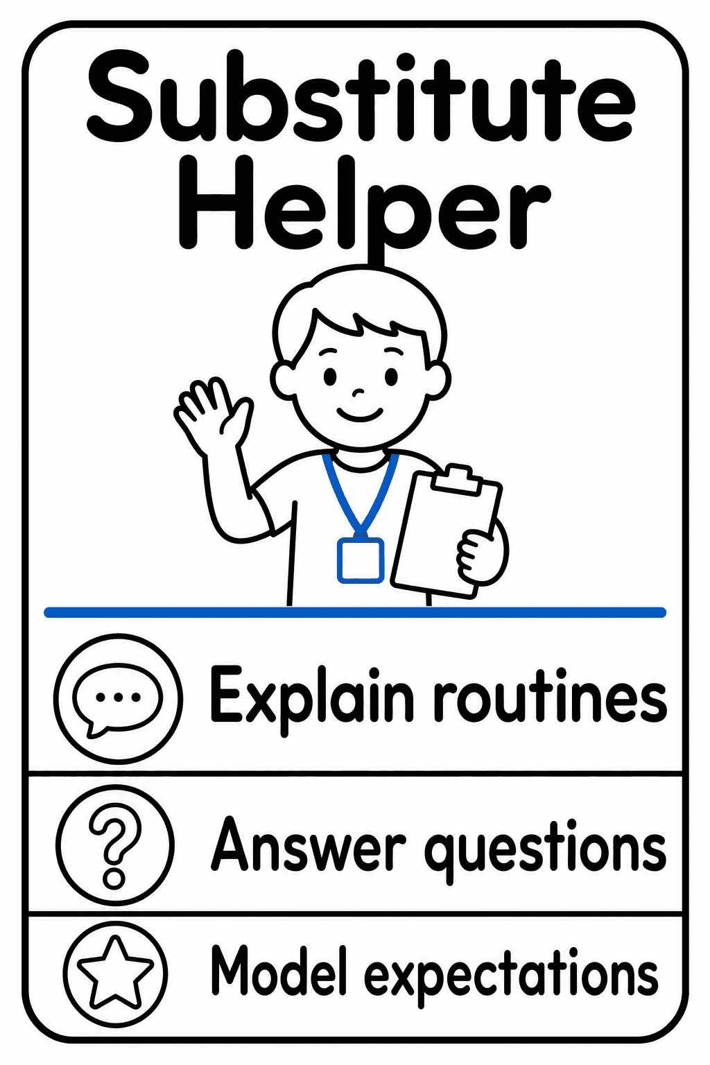A substitute helper poster reminds students to explain routines, answer questions, and model expectations for a guest teacher.