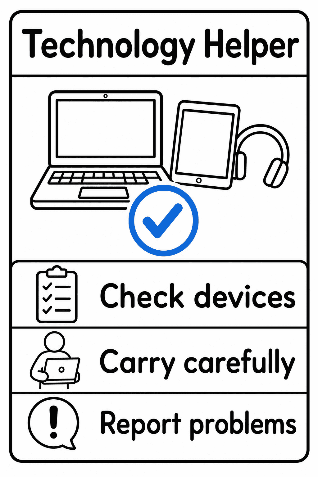 Display this poster to remind students to check, carry, and report problems with classroom technology.