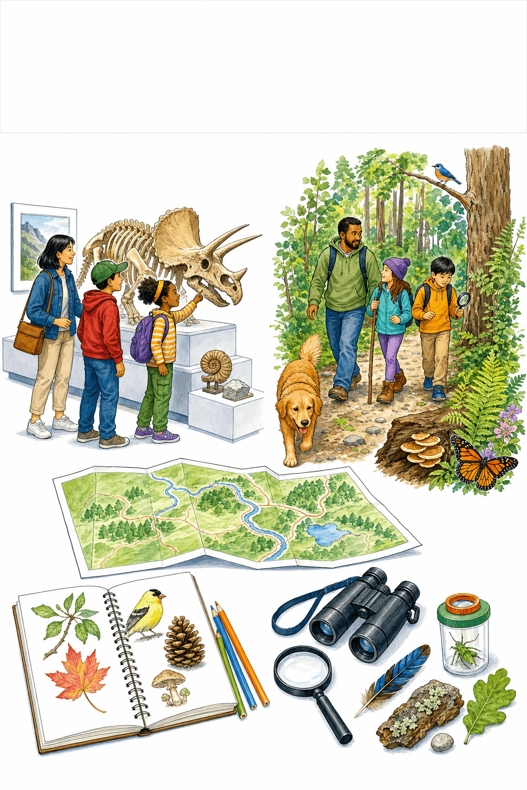 Display this illustrated page to introduce recording questions, observations, and connections before, during, and after a field trip.