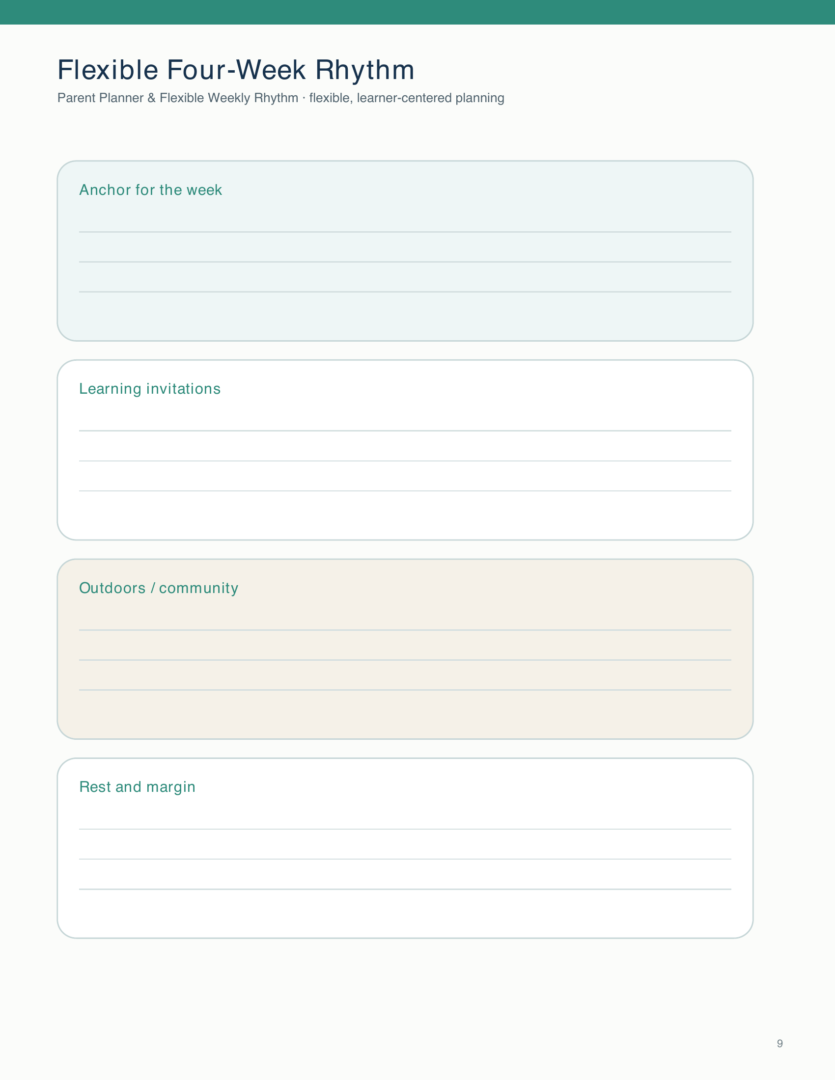 Use the four labelled sections to plan a flexible weekly rhythm around learning, community, and rest.