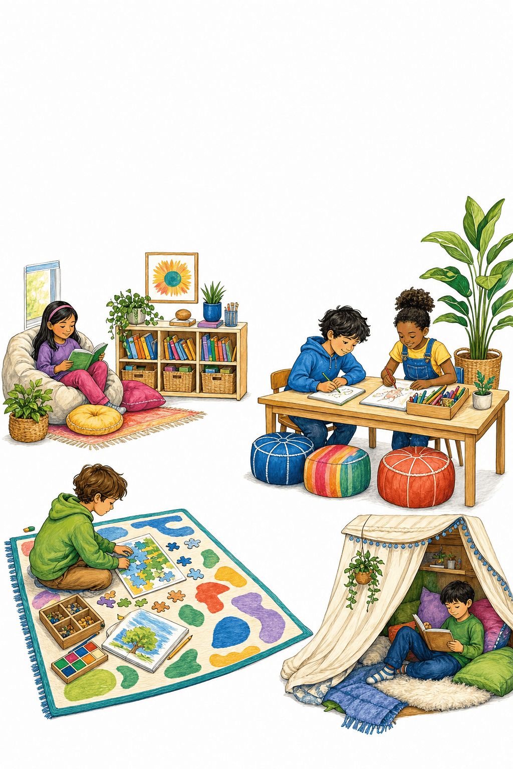 Discuss where reading, making, movement, quiet, and supplies could fit within a child’s home learning space.