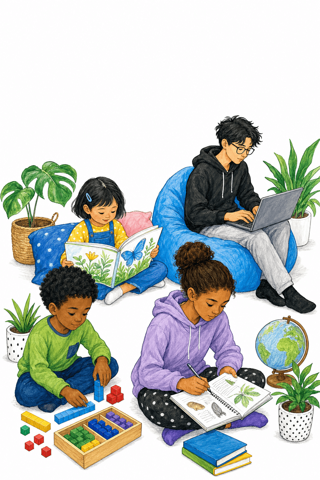 Use this illustrated page to introduce flexible, side-by-side learning for learners working on different tasks.