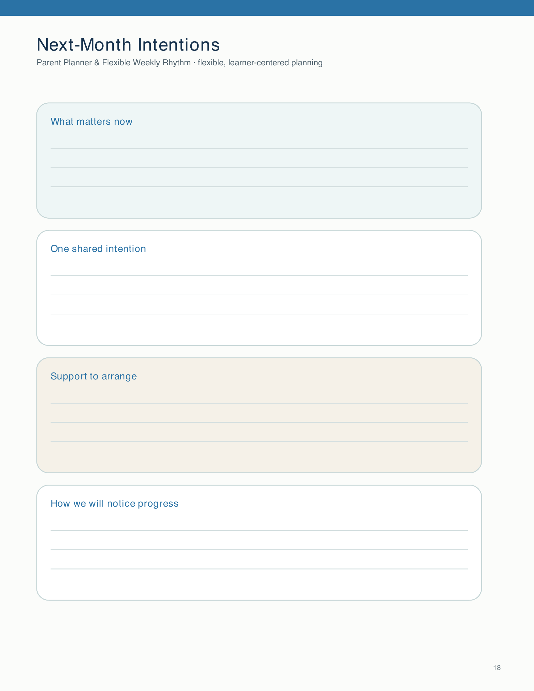 Use the planner to agree priorities, arrange support, and define how progress will be noticed next month.