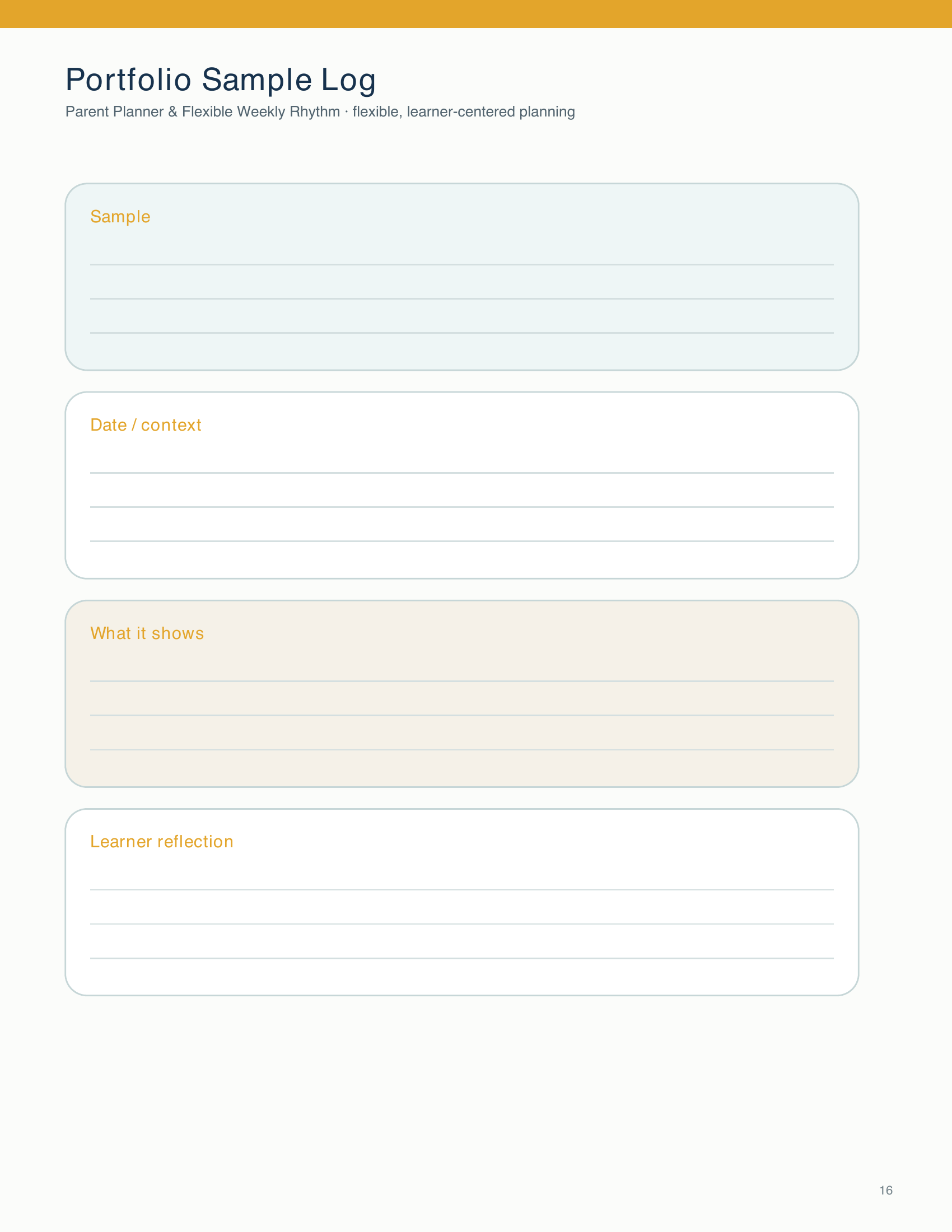Record a portfolio sample, its context, what it demonstrates, and the learner’s reflection.