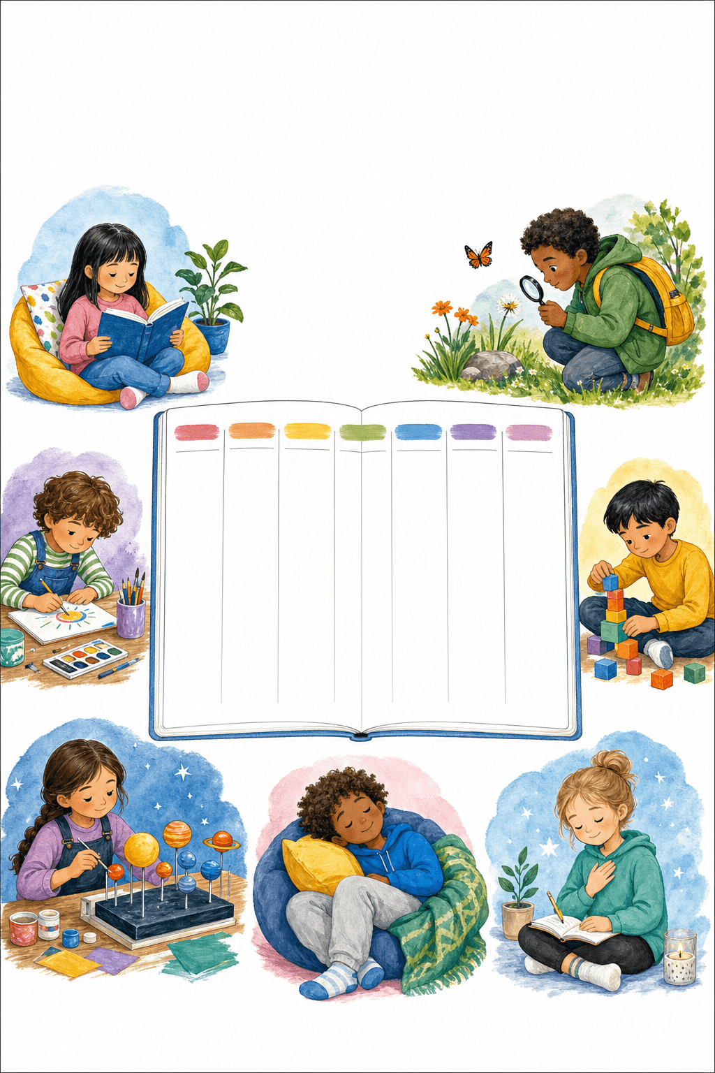 A teacher or parent assigns a gentle focus to each day and records plans, rhythms, or invitations in seven blank columns.