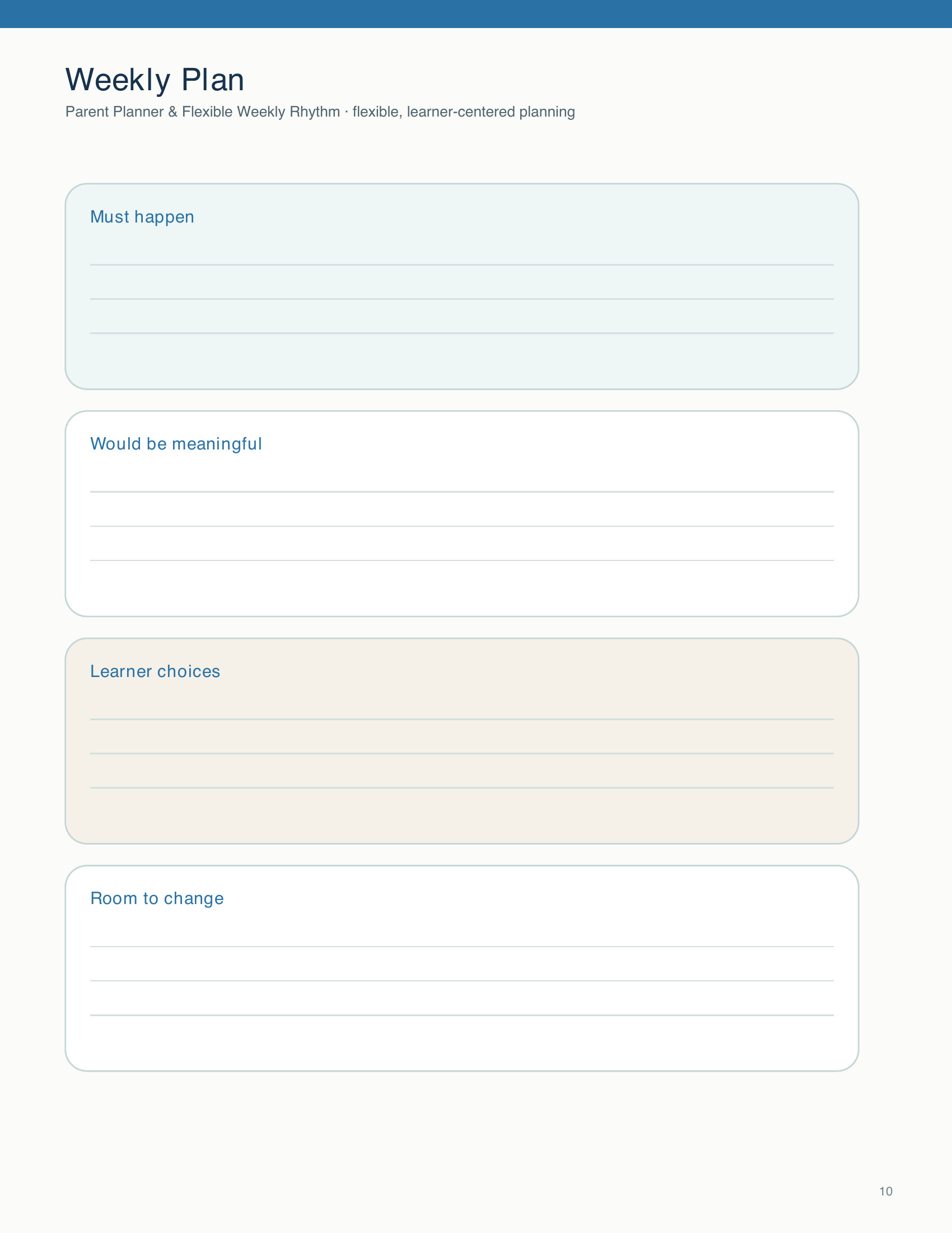 Use the four prompt sections to map essential tasks, meaningful activities, learner choices, and flexible changes for the week.