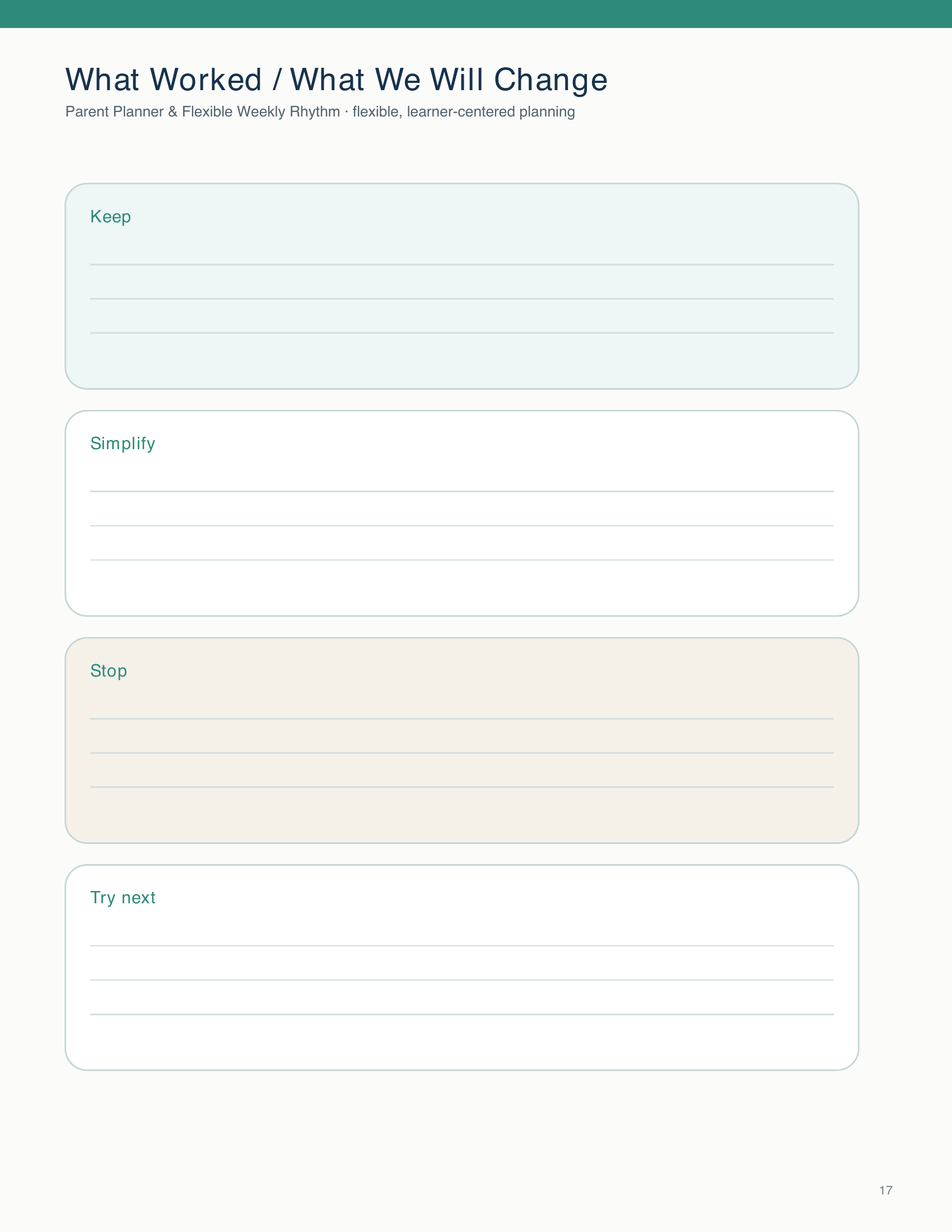 Review a learning week by recording what to keep, simplify, stop, and try next.