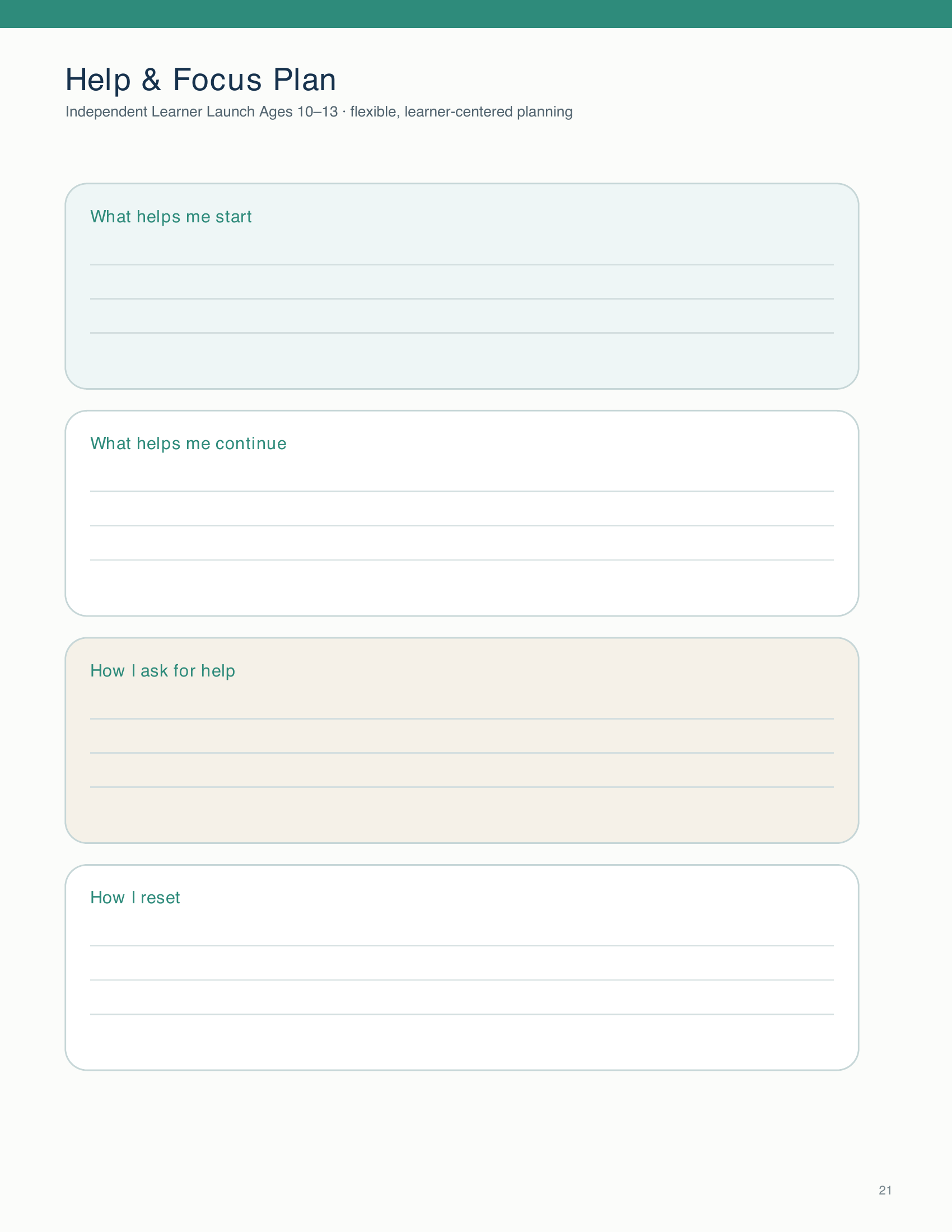 Students record personal strategies for starting, continuing, requesting help, and resetting during independent learning.
