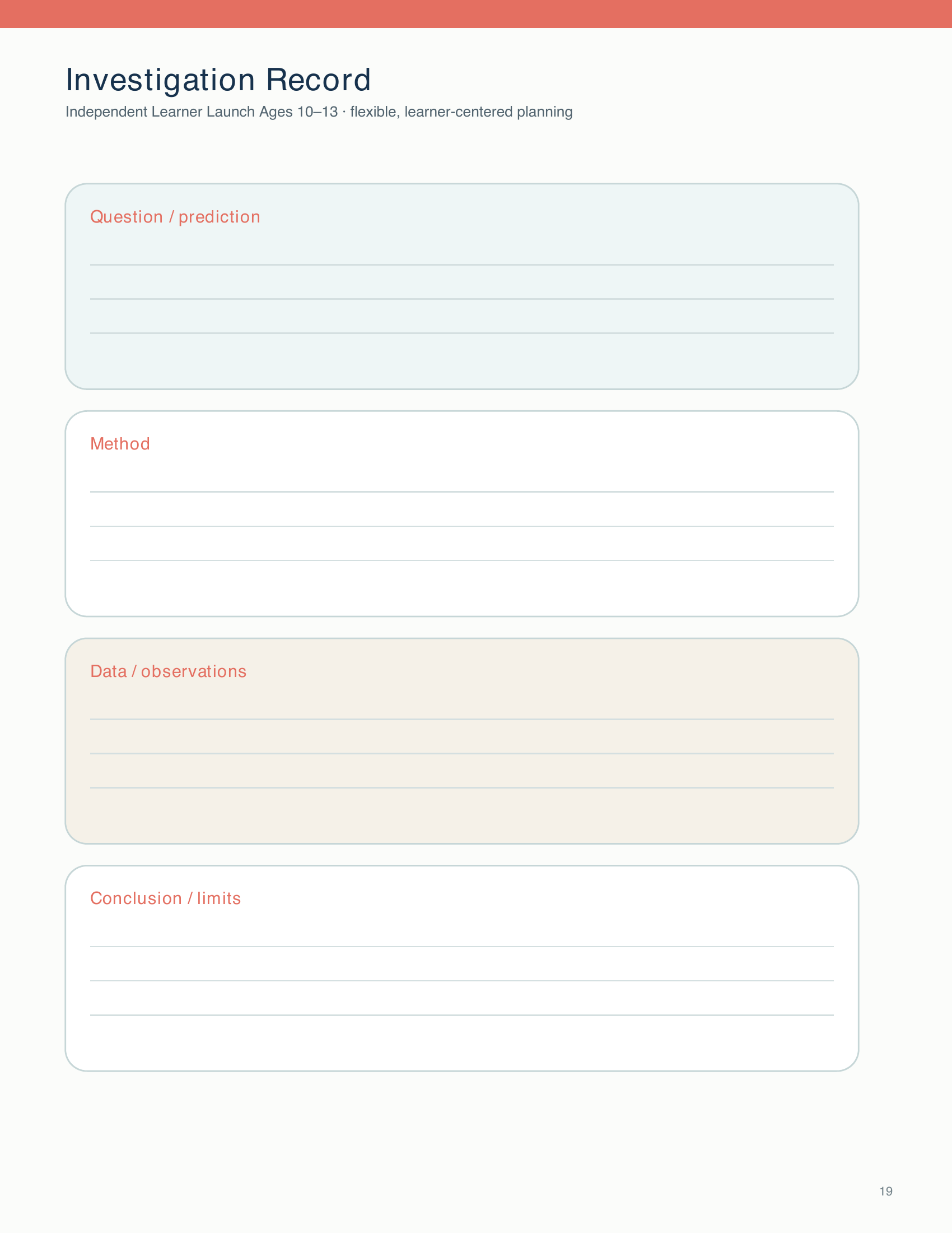 Students record an investigation question, method, observations, and conclusion on a four-part planning and reflection sheet.
