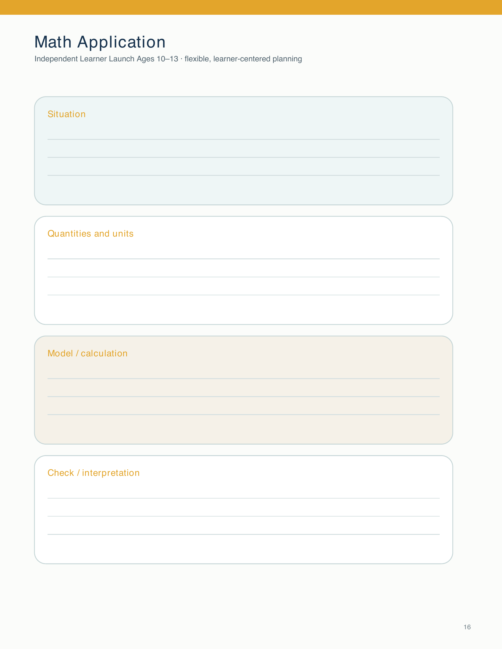Students record and solve a real-world maths application through situation, quantities, calculation, and interpretation prompts.