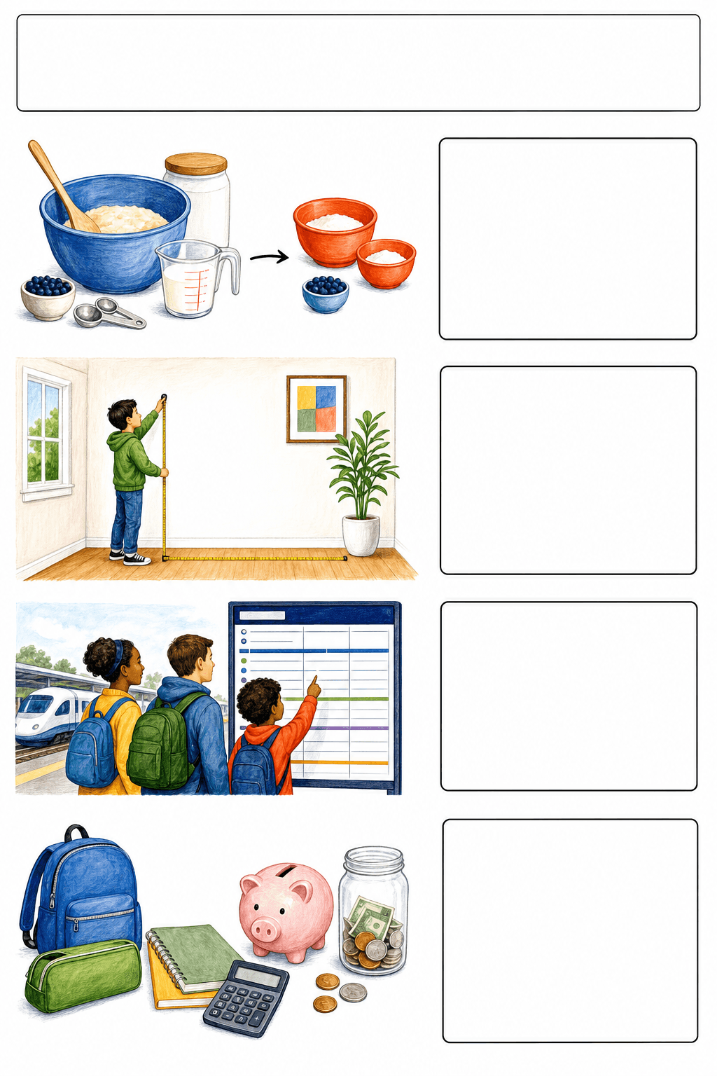 Students choose an illustrated real-life situation and record quantities, units, an operation, and a reasonable estimate.