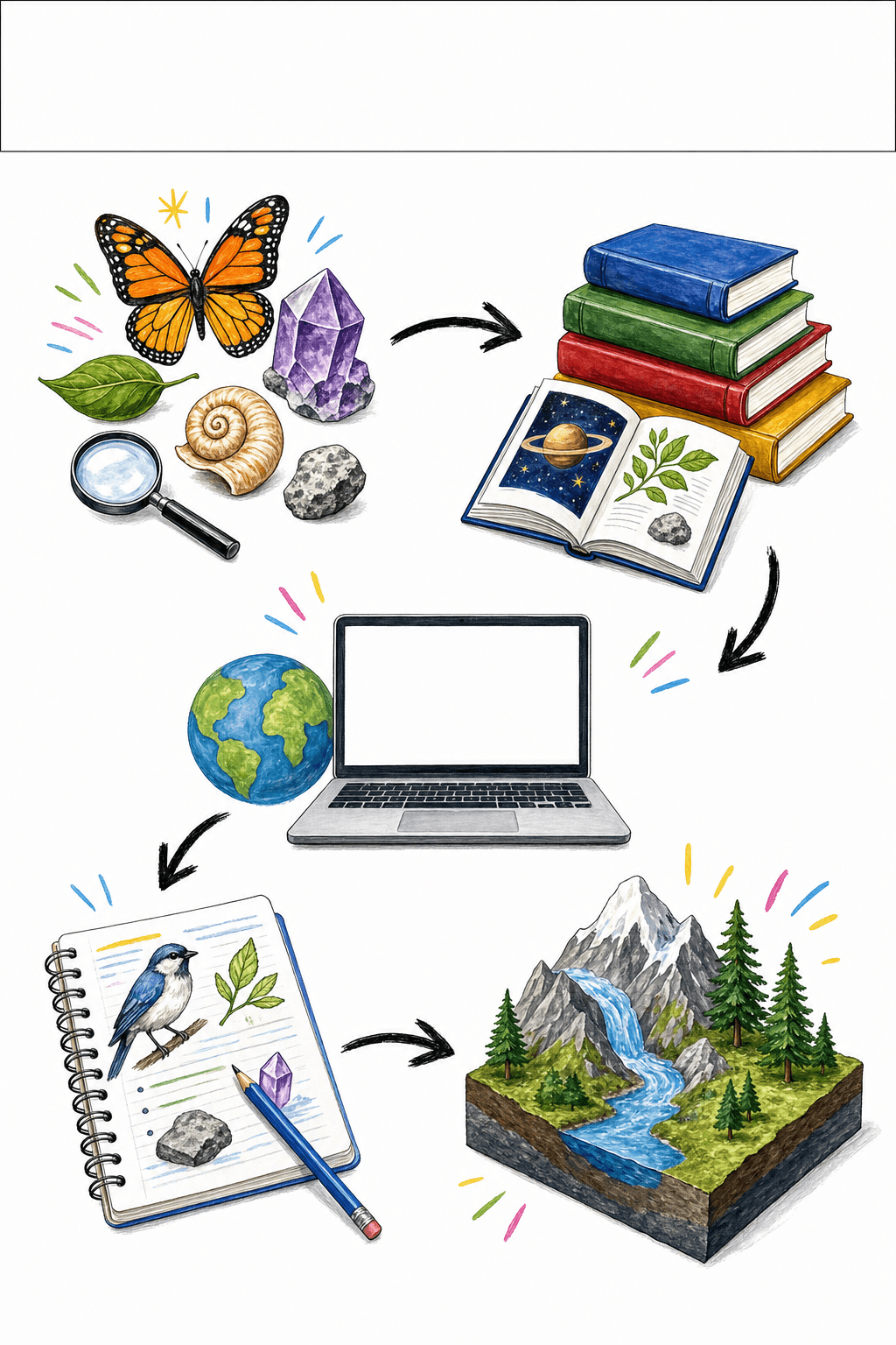 Students follow the visual sequence from broad interests to a focused research question they can investigate with evidence.