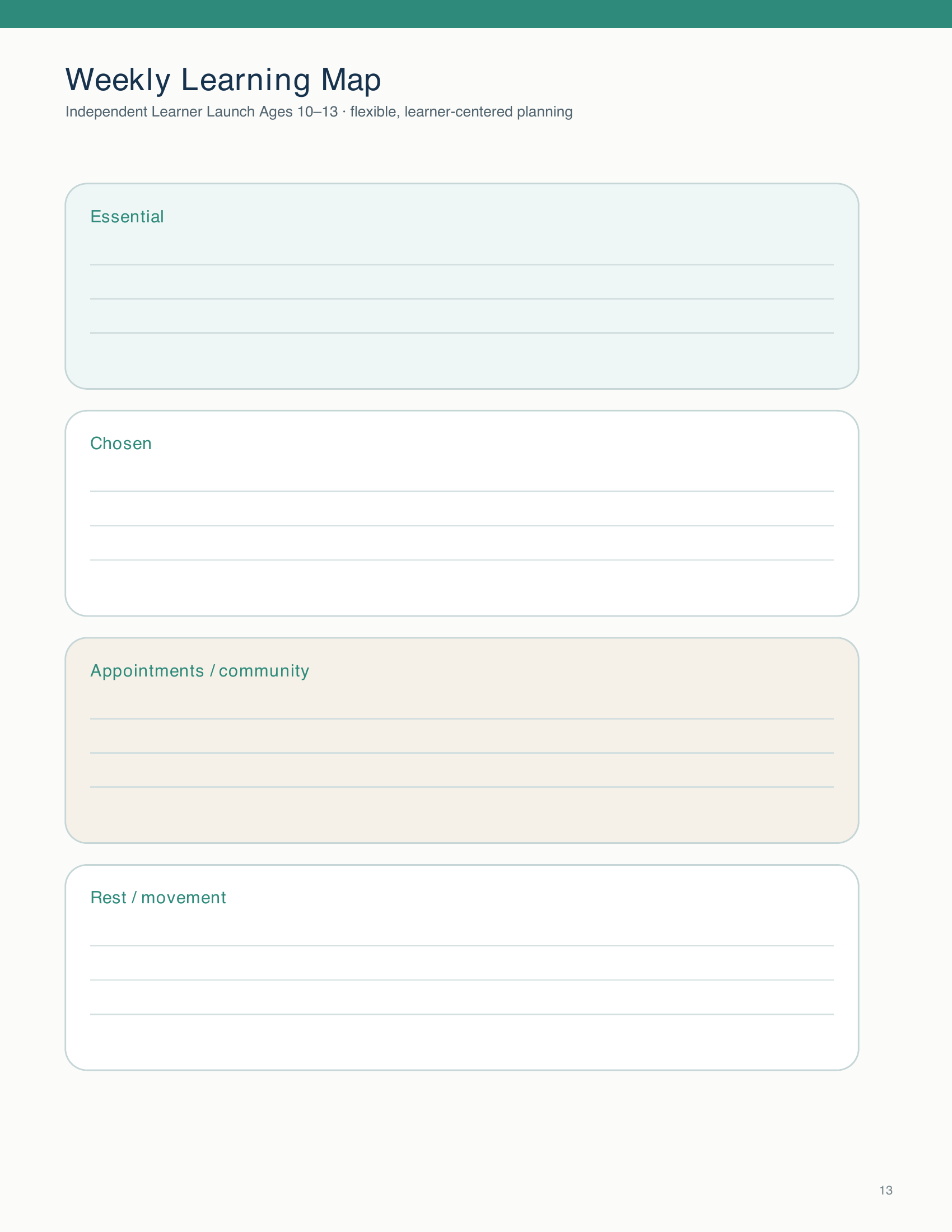Learners plan their week by recording essential tasks, chosen learning, appointments, community activities, and rest or movement.