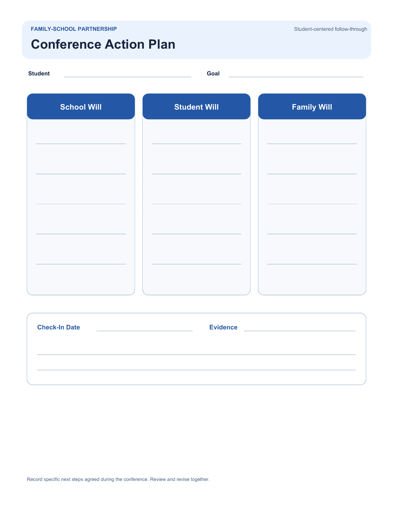 Record a shared conference goal, responsibilities for school, student, and family, and a follow-up check-in date.