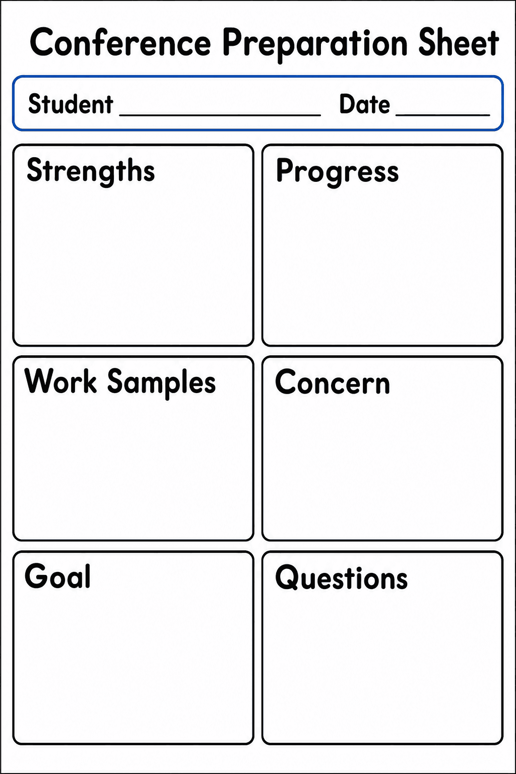 Teachers organize student strengths, progress, work samples, concerns, goals, and questions before a conference.