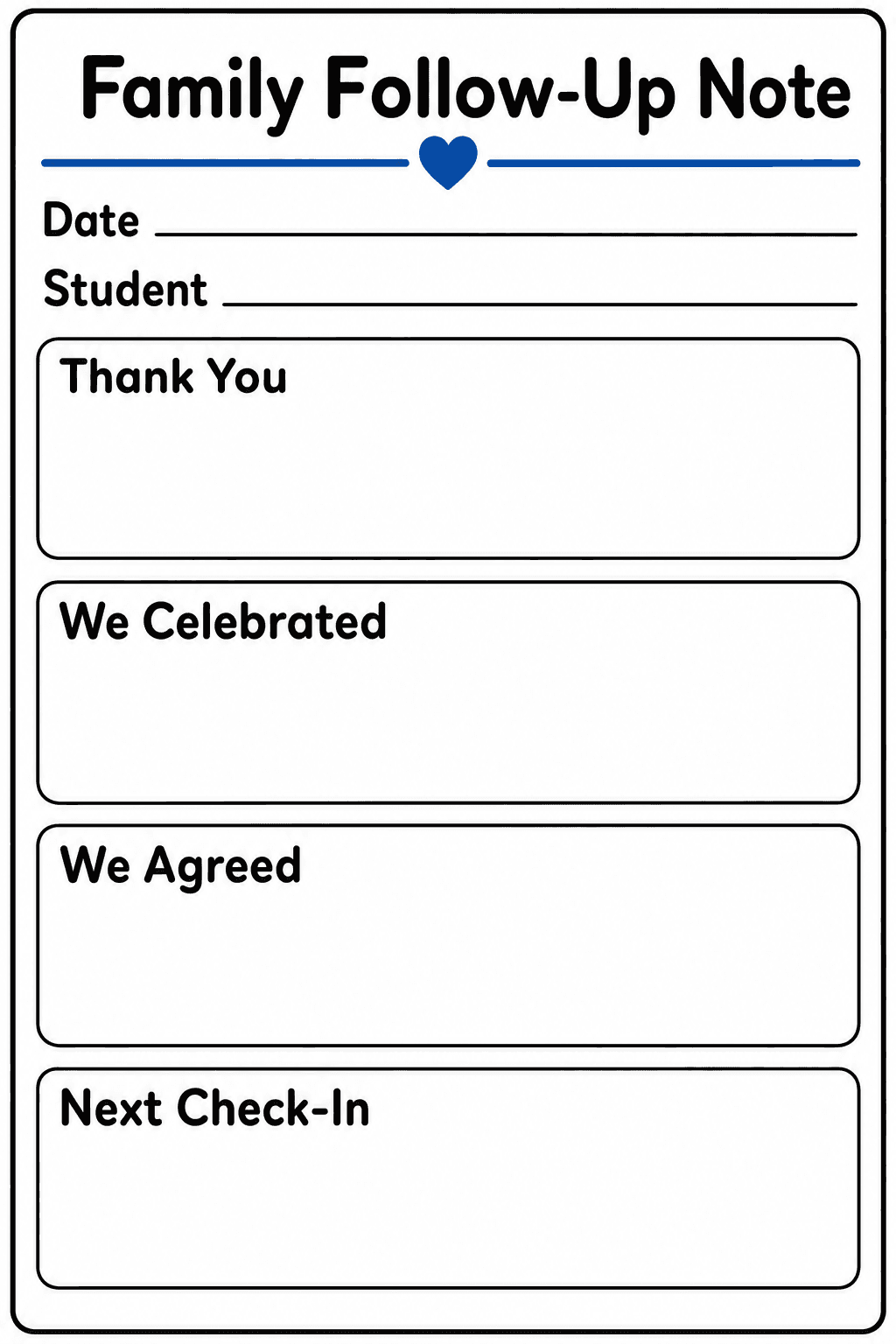 Teachers record family communication details, celebrations, agreements, and the next check-in date.