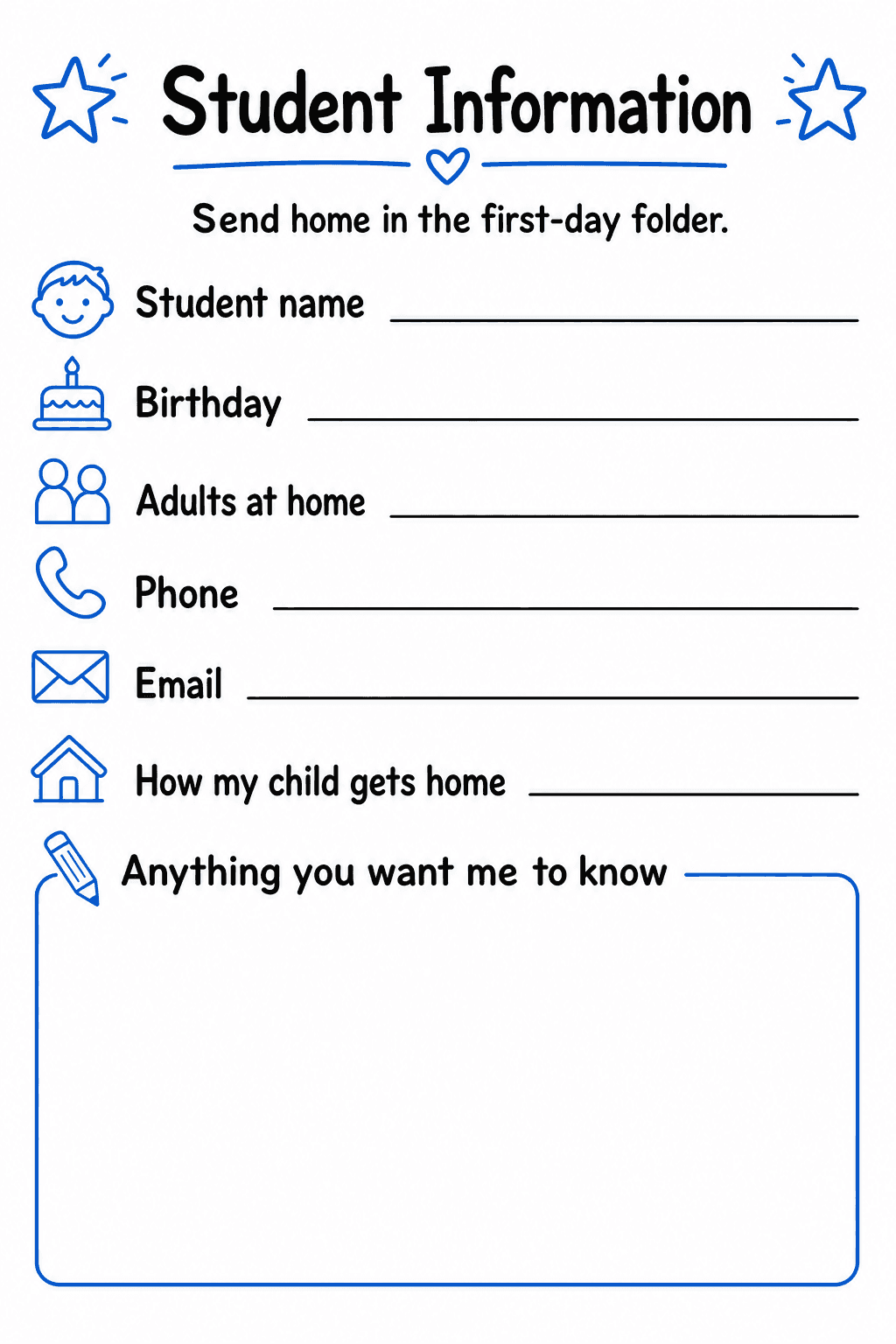 Send this first-day information form home for families to complete with essential student and contact details.
