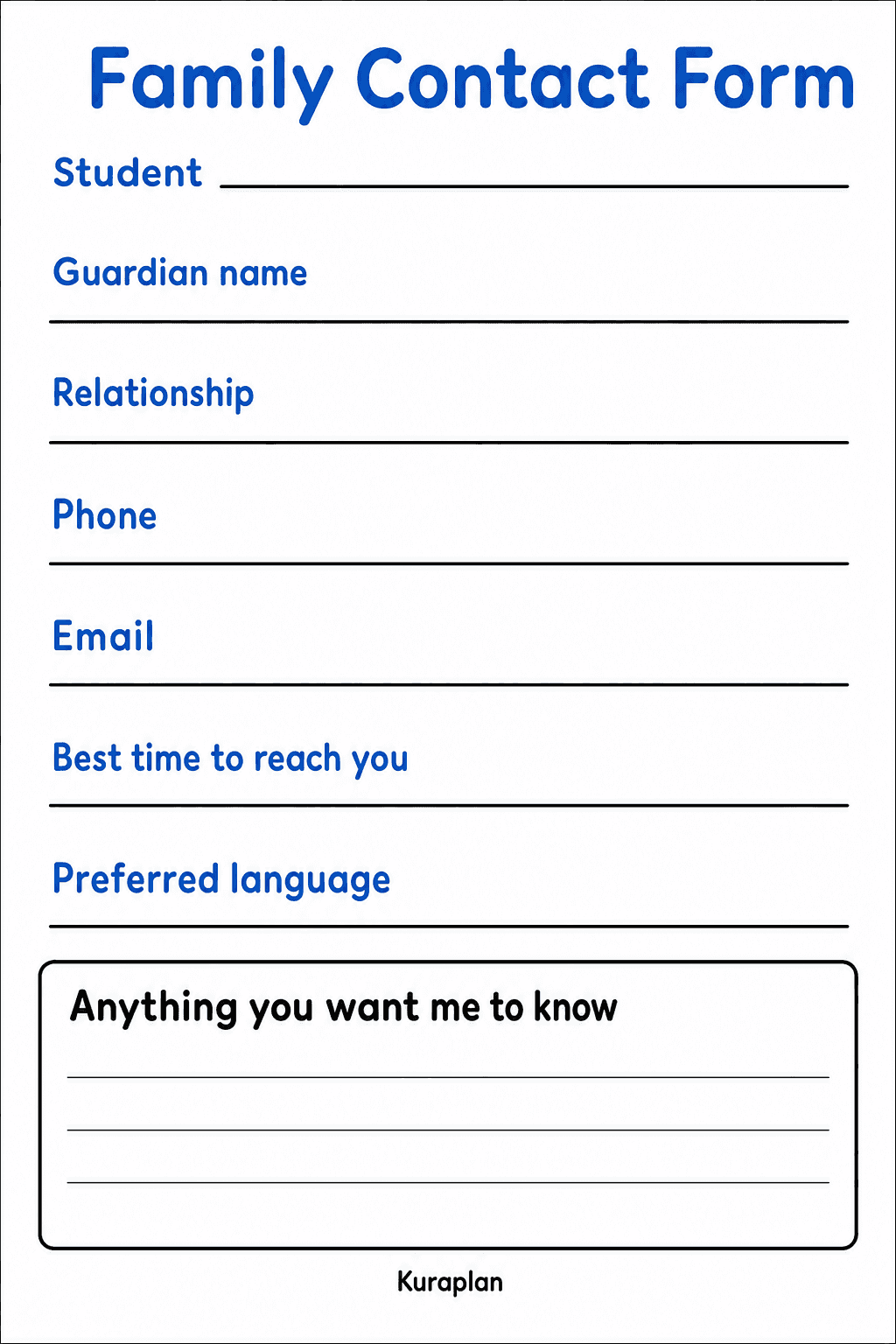 Collect a student's guardian details, contact information, preferred language, and additional family notes.