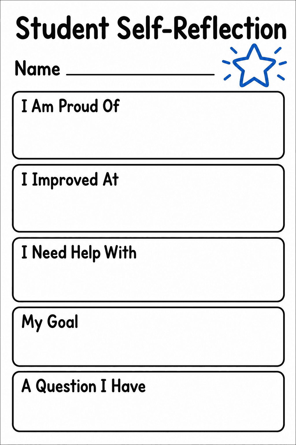 Students reflect on achievements, progress, support needs, goals, and questions by writing in five labelled response boxes.