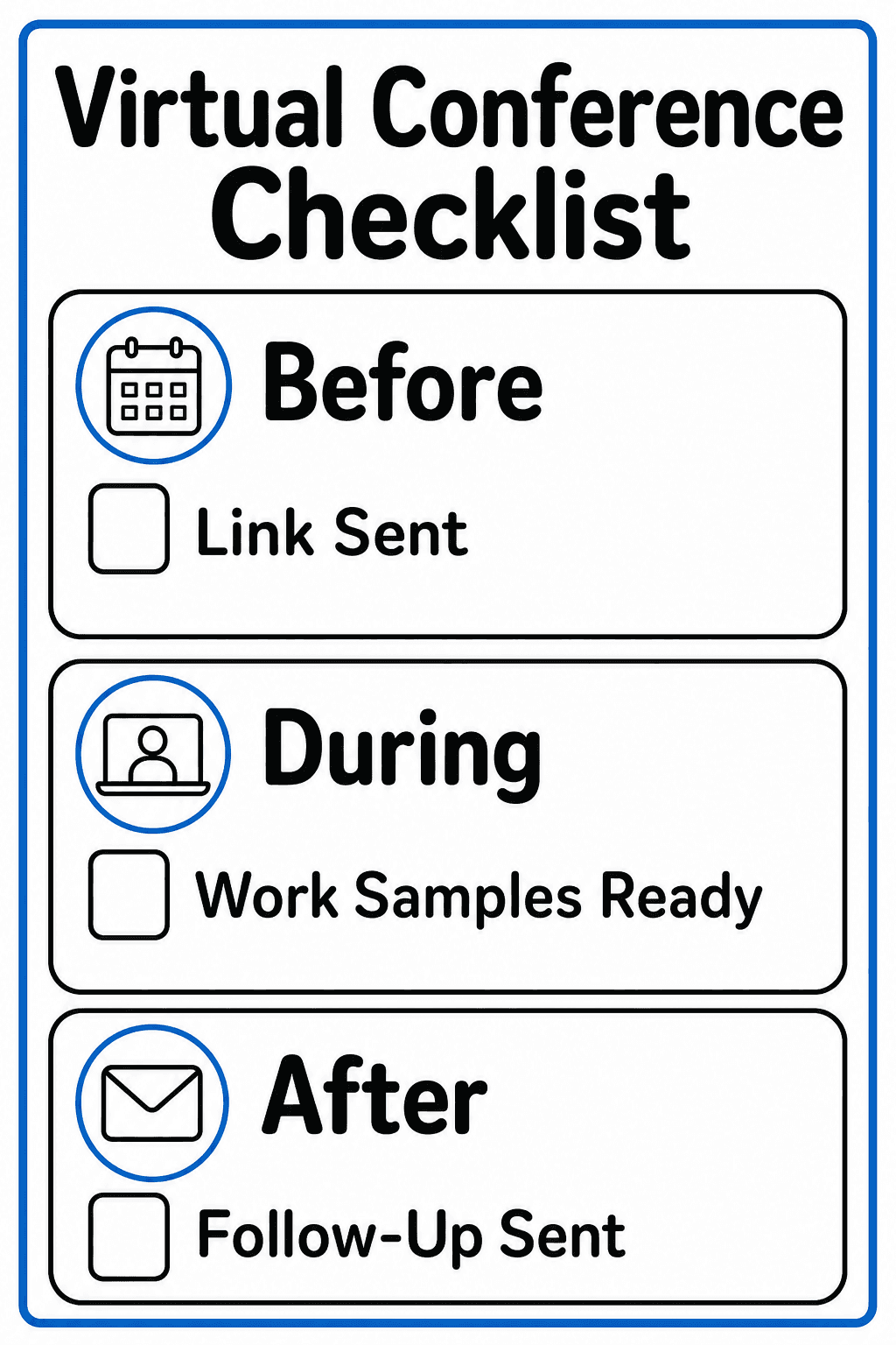 Teachers check off three reminders before, during, and after a virtual conference.