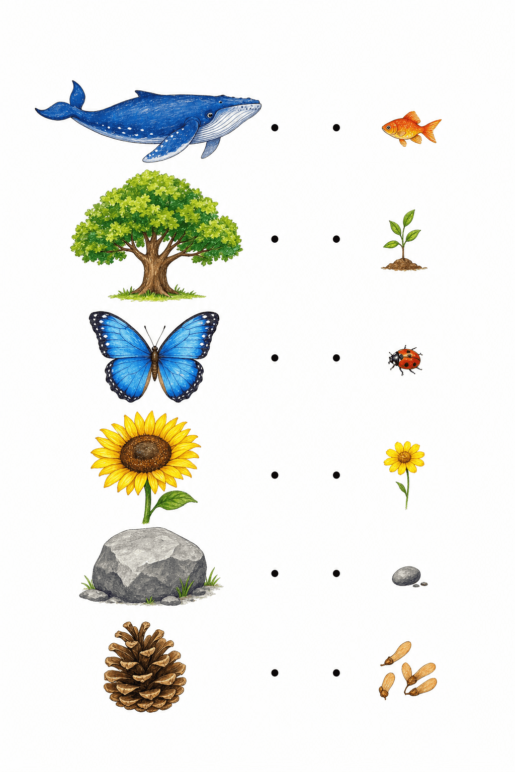 Students choose two pictured nature objects and record one similarity and one difference by drawing or writing.