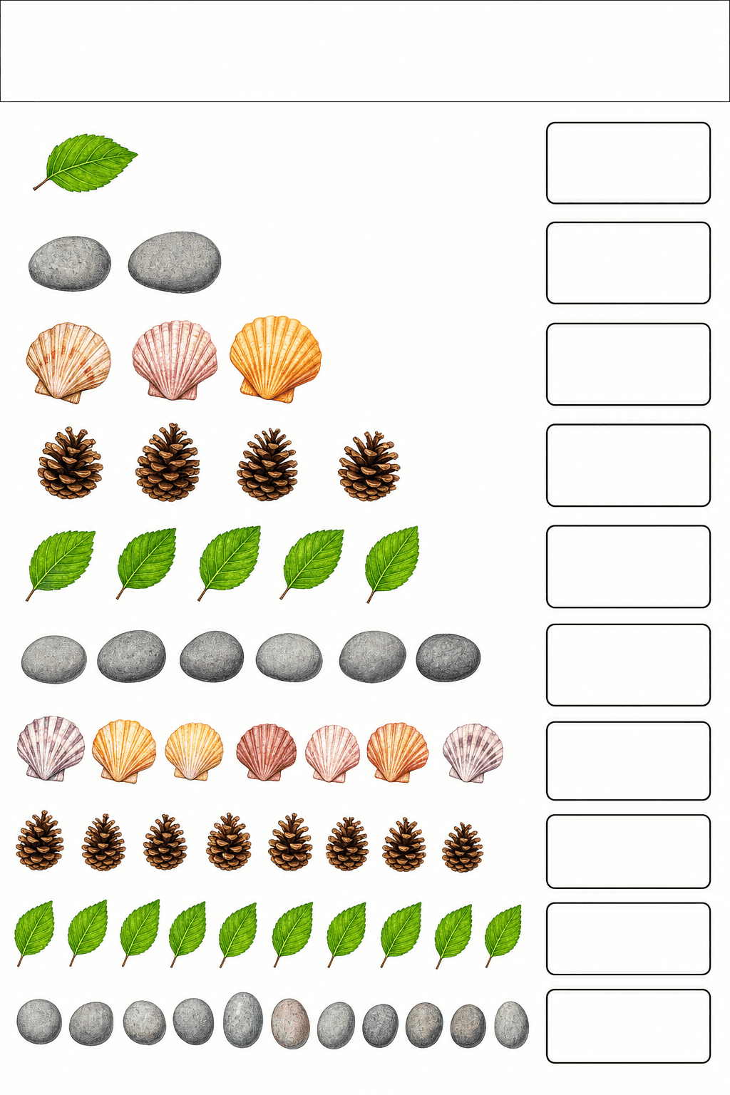 Students count each pictured collection, write the matching numeral, and circle one collection they recognized without recounting.