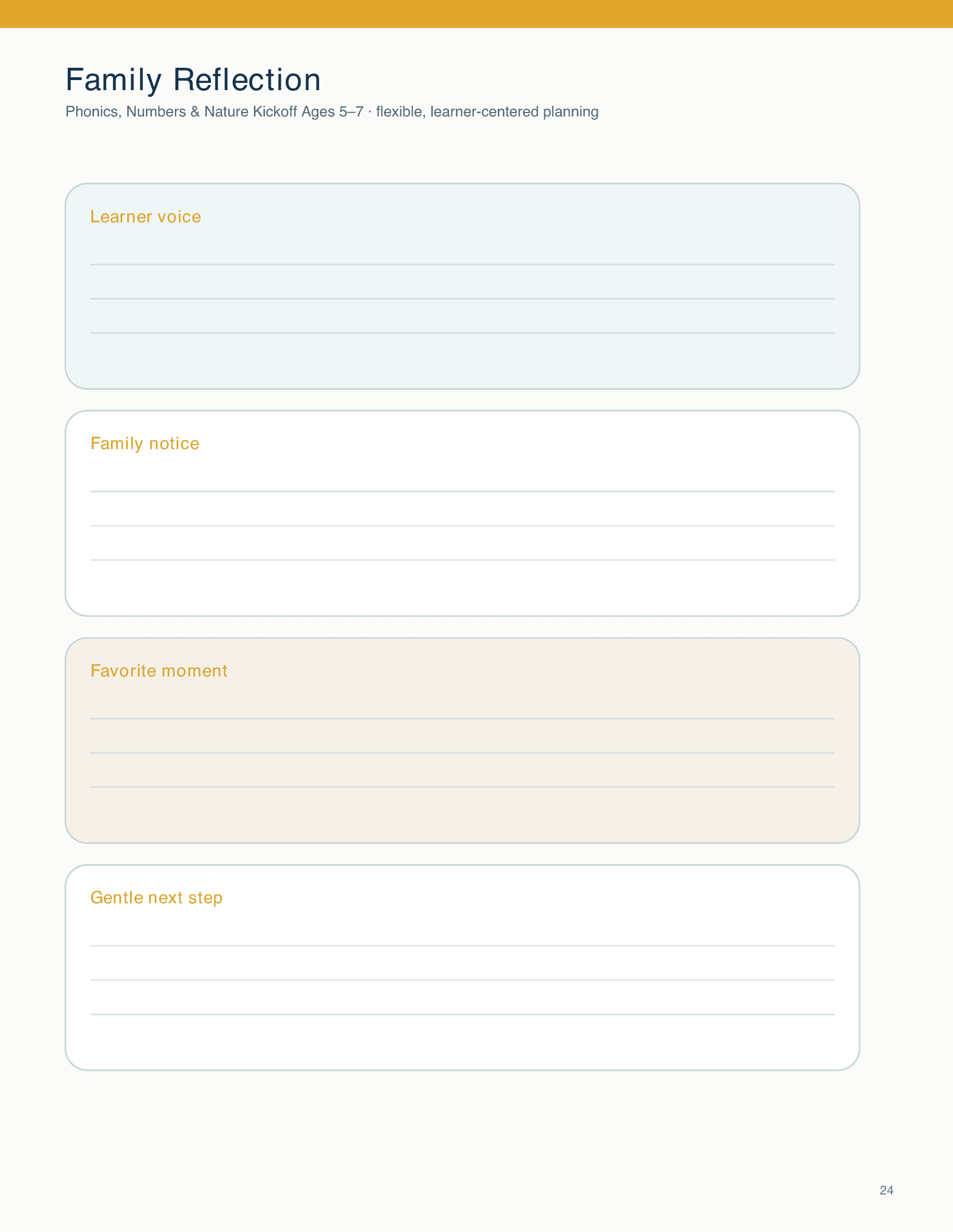 A teacher or family uses four open prompts to capture learner voice, family feedback, a favorite moment, and a gentle next step.