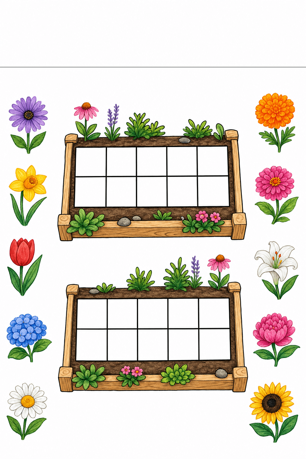 Students show two different ways to make 10 by placing or drawing flowers in each of two ten-frame gardens.