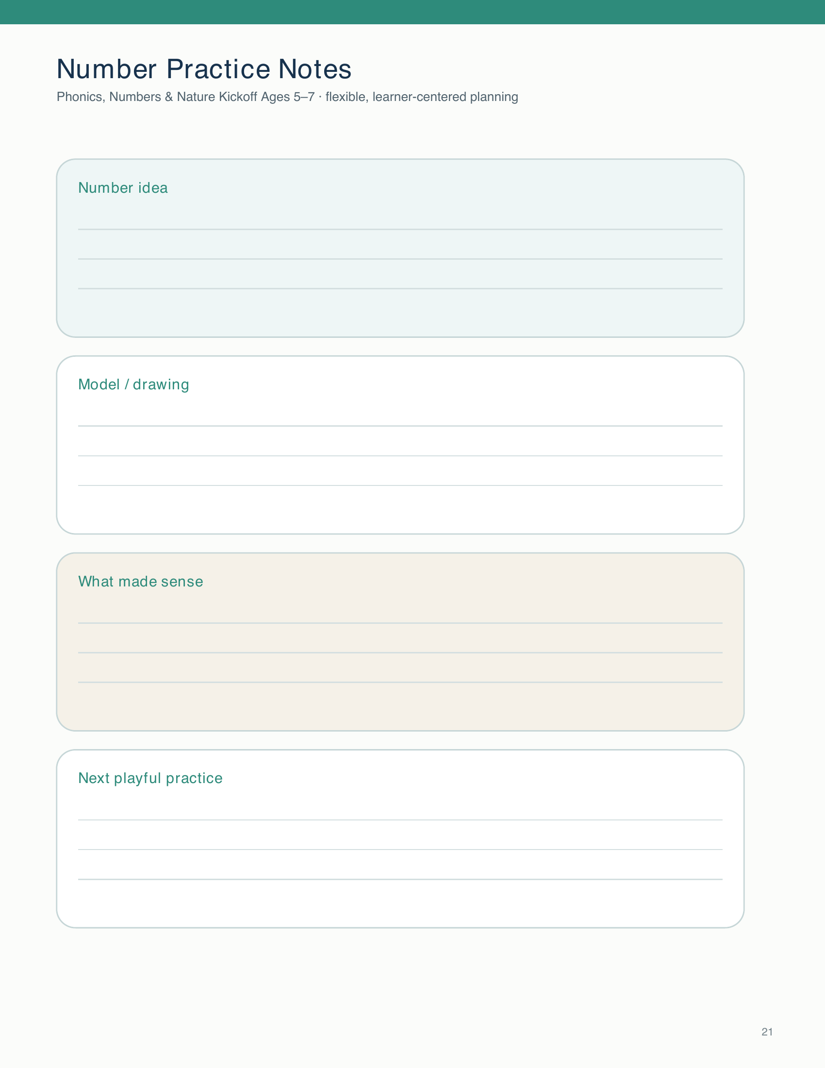 Record a number-learning idea, model or drawing, learner understanding, and a playful next practice step.