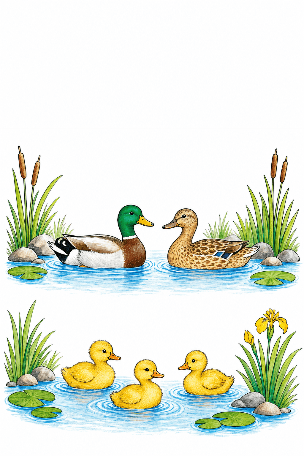 Students create a number story about five ducks and draw or write a matching equation.